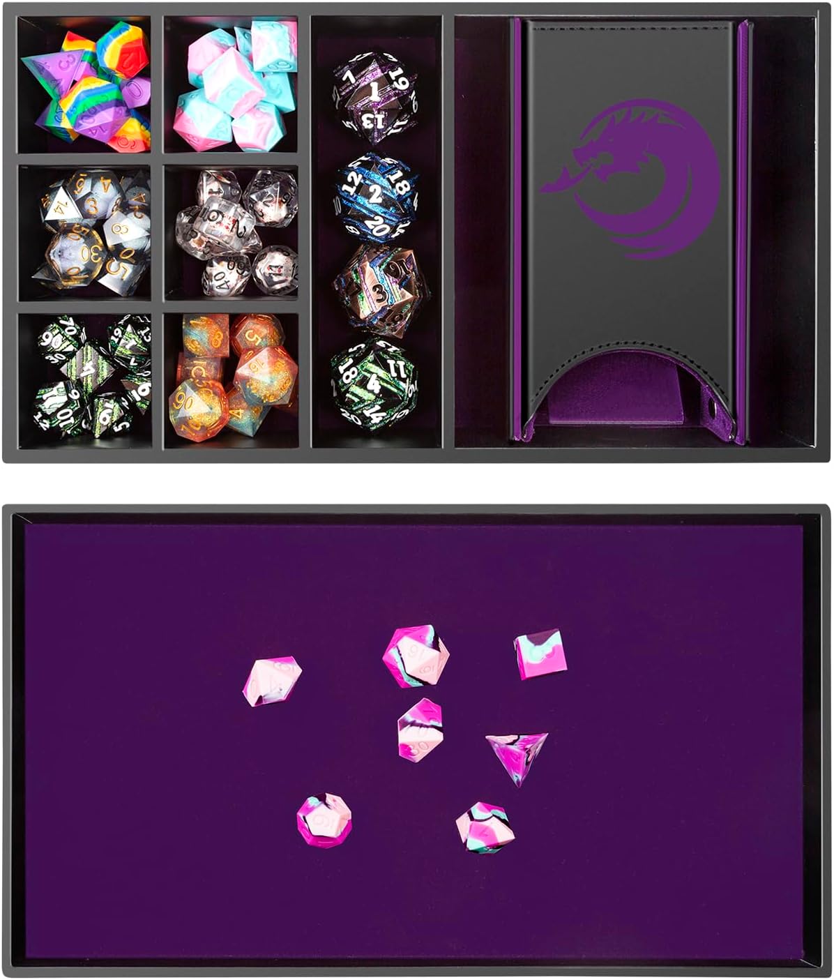 3 in 1 Dice Rolling Tray Dice Tower and Dice Storage, DNDND Portable Rectangle Storage with Lid for Table Game Dungeons and Dragons D&D or Tabletop RGP Gaming (Purple Velvet and Black PU Leather)