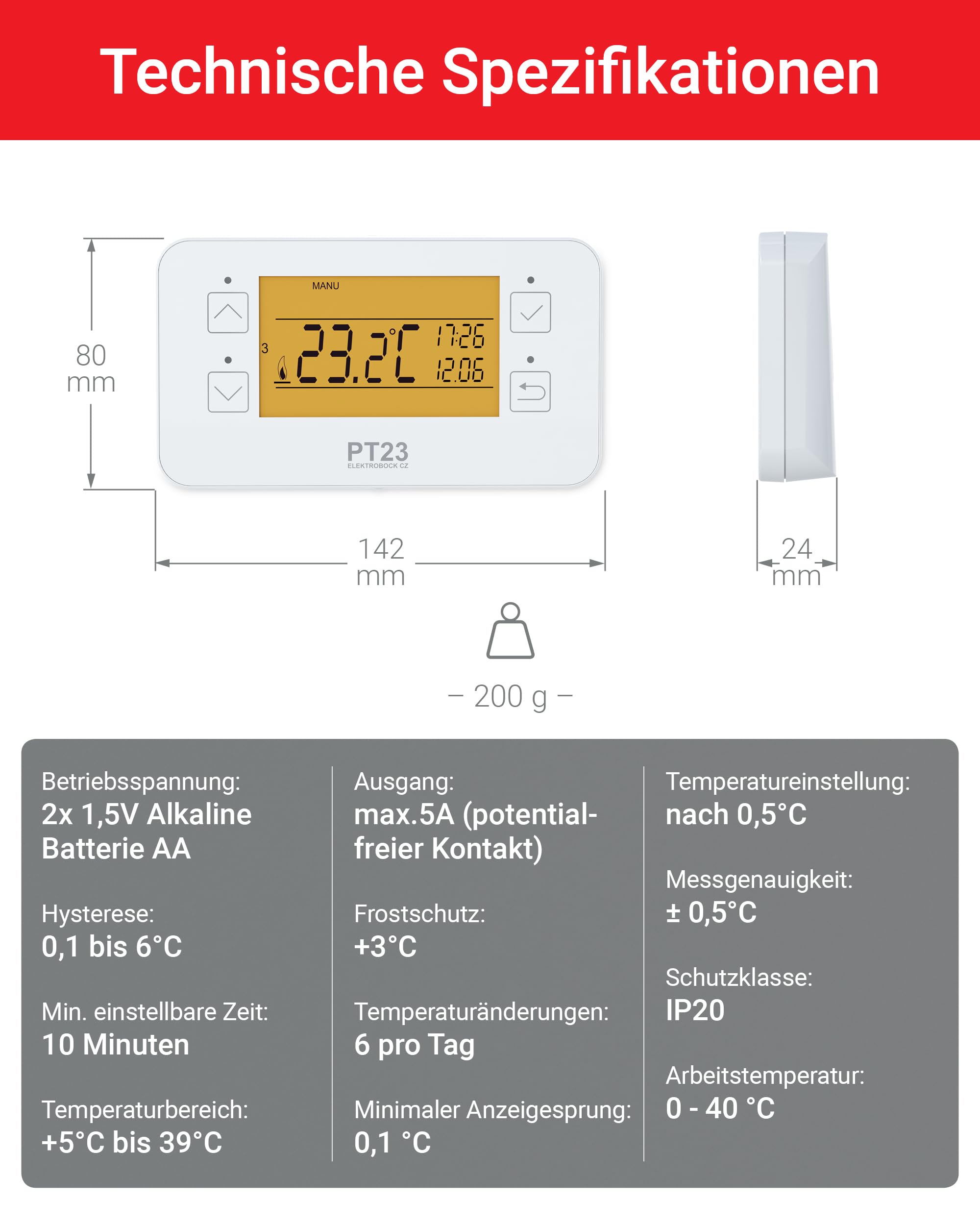 ELEKTROBOCK PT23 - Programmierbares Wandthermostat mit Touch-Tasten - 𝑳𝓐𝑵𝐆𝑳𝜠𝓑𝑰𝐆 - Großes beleuchtetes LCD Display - Wochenprogramm - Batteriebetrieben - Für alle Kesselarten geeignet