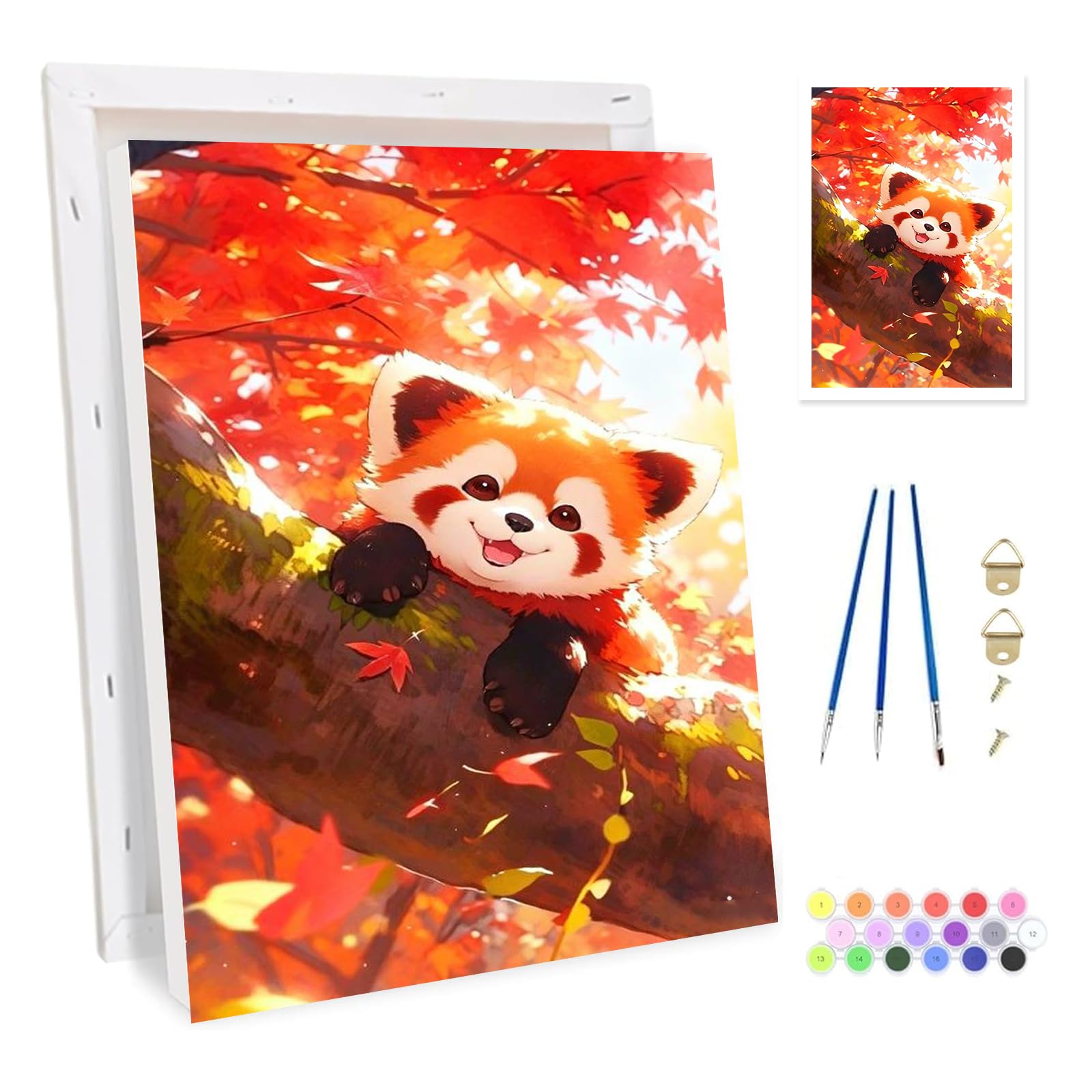 Bowetile Framed Panda Paint by Numbers for Adults Canvas, Autumn Maple Painting by Numbers Kit for Beginners Canvas, DIY Color Oil Painting Acrylic Paints for Home Wall Decor20x30cm