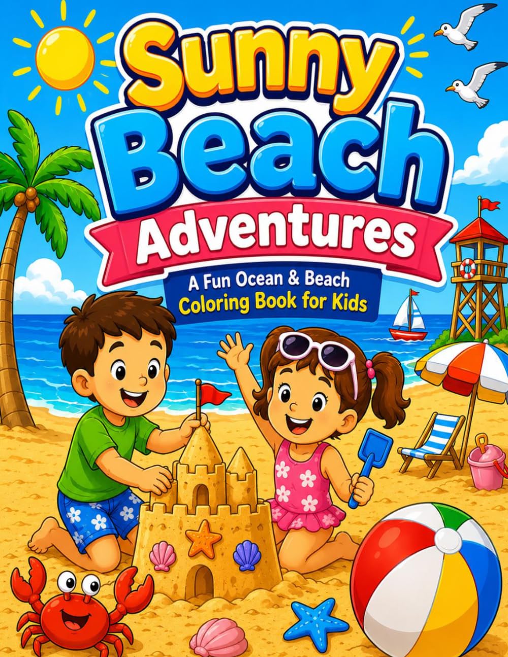 Sunny Beach Adventures: Fun coloring book for kids, about beach, sea, ocean, summer, and water activities.