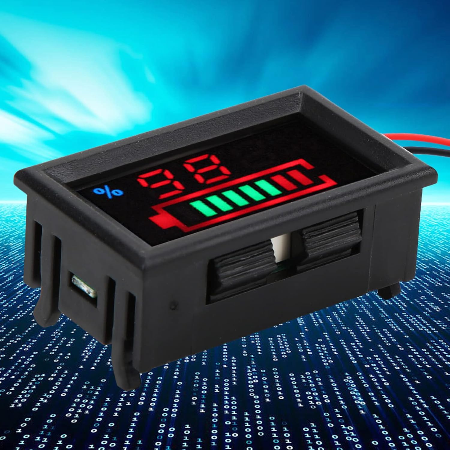 Lado view of the Garosa Battery Voltage Meter showing a button for mode selection.