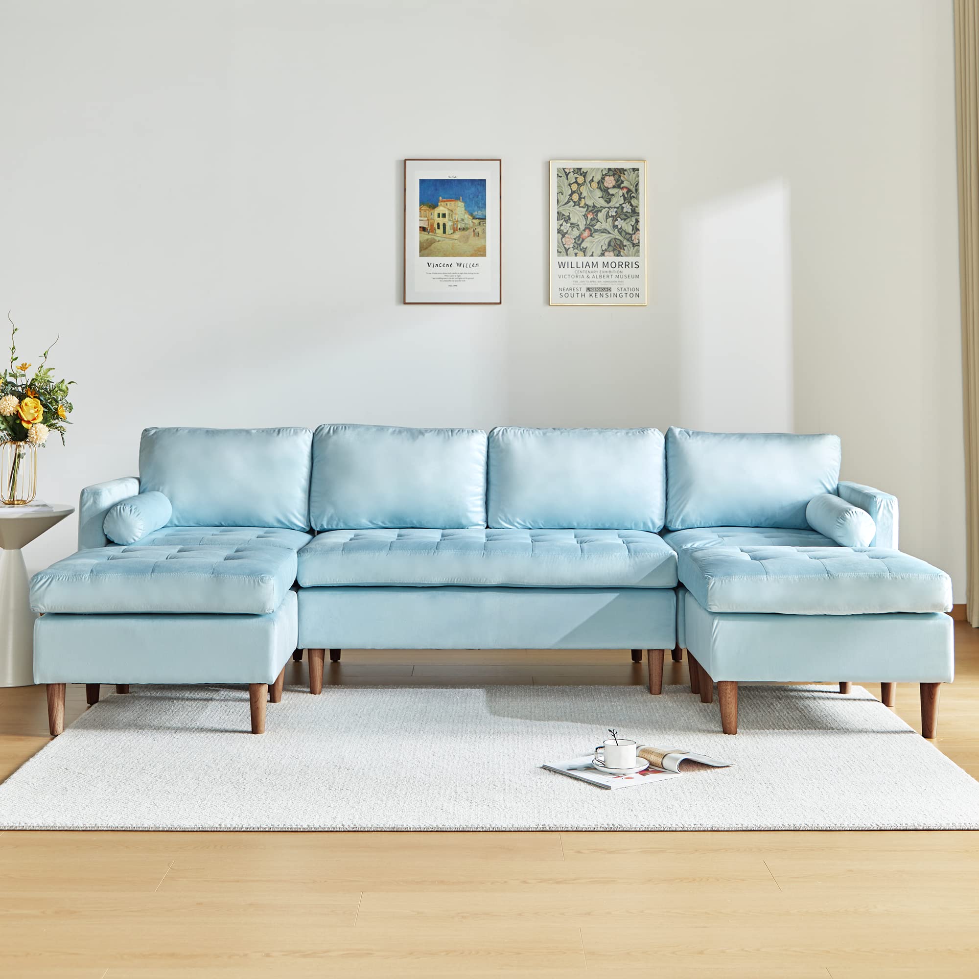 ORRD U-Shape Convertible Sectional Sofa, Modular Sleeper Couch Chaise Modern 6 Seater Velvet Sofa for Living Room, Bedroom, Apartment (Light Blue)