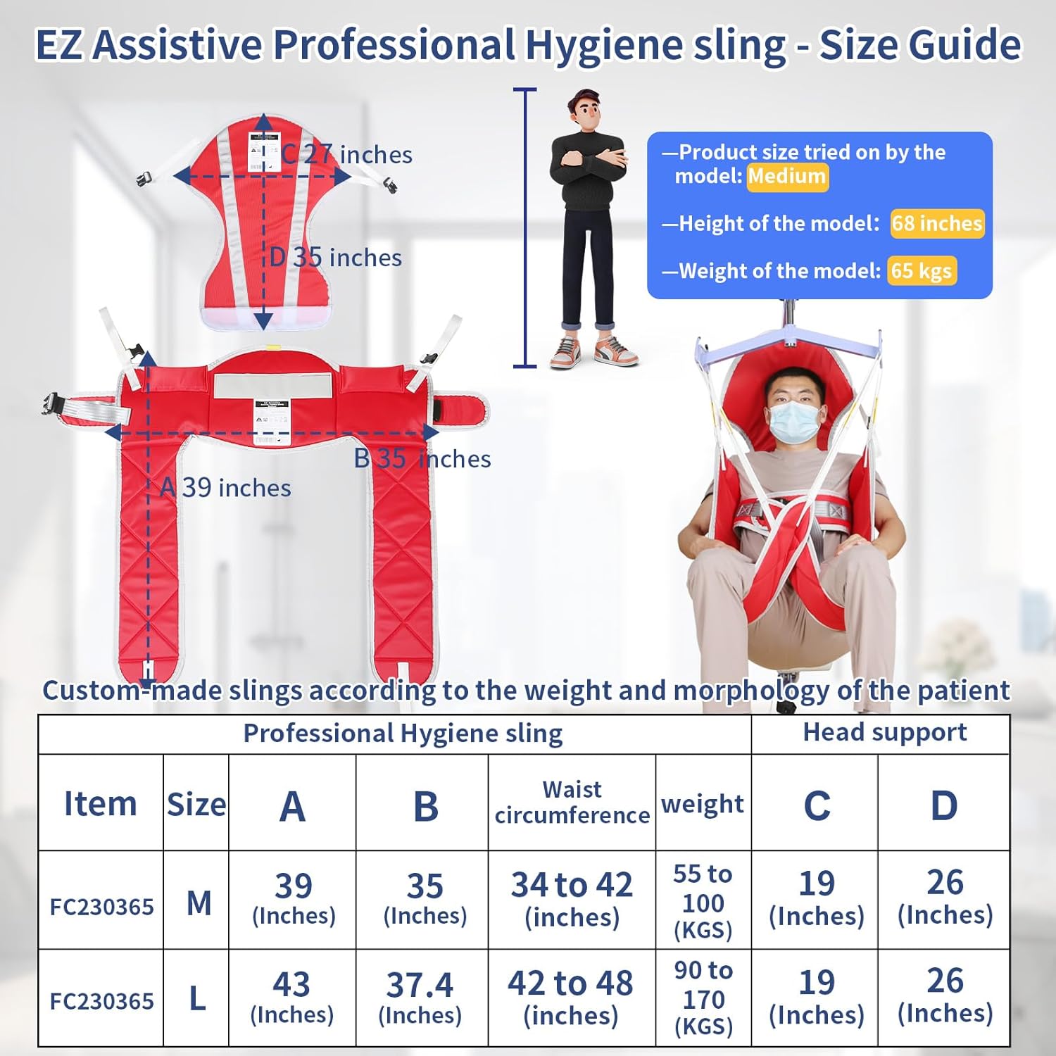 EZ Assistive Patient Lift Sling, Medical Commode Patient Lift Aid Transfer Sling for Elderly Shower Bath, Patient Lifts for Home use,Divided Toileting Sling, 500lbs (Large-Sling&Head Support)