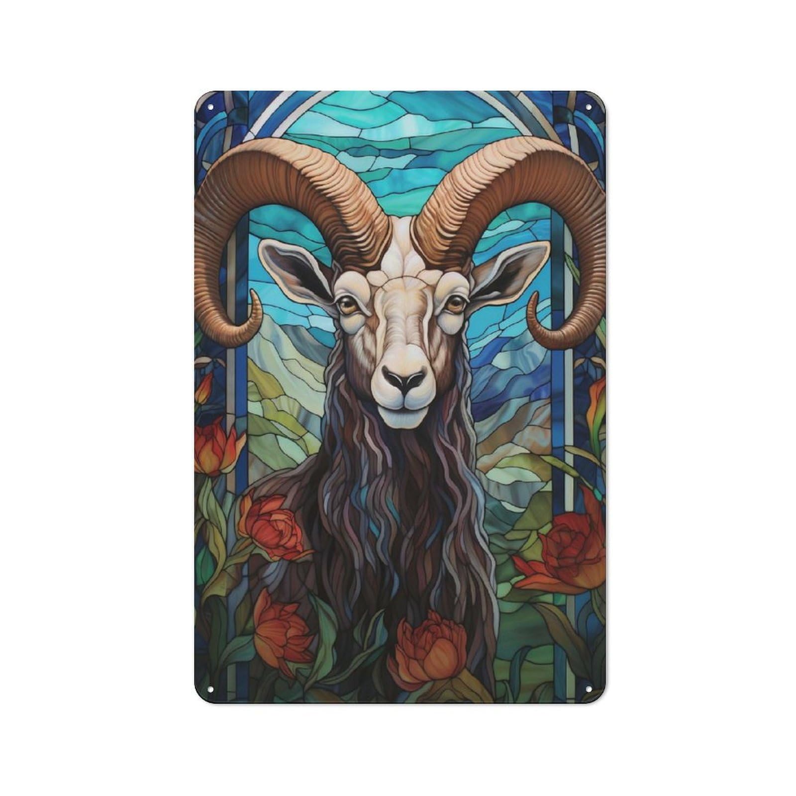Junmoney Style-4 Stained Glass Ram With Floral Accents Rustic Metal Plaque 30X20cm For Living Room Wall, Suited To Home Wall Decor Collectors