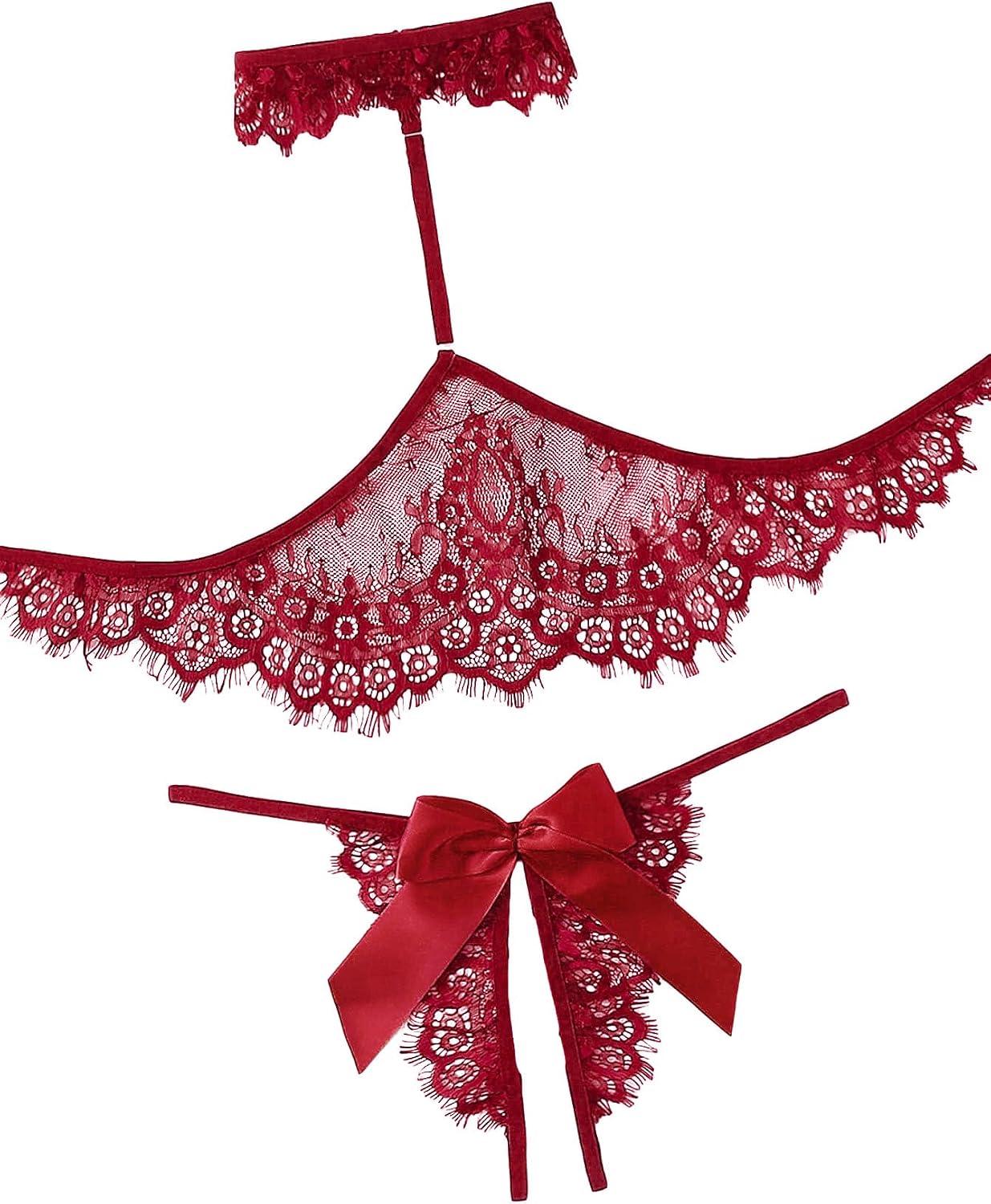 Lilosy Sexy Bow Choker Halter Floral Lace Sheer Lingerie Set for Women See Through Bra and Panty 2 Piece