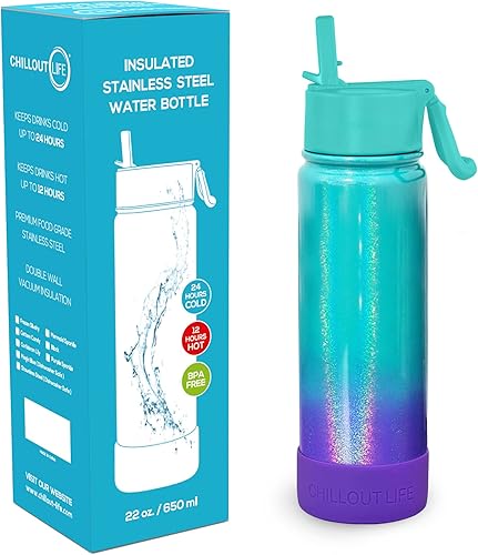 Miniatura 2 de CHILLOUT LIFE Botella de agua aislada para niños de 22 oz para la escuela con tapa de pajita a prueba de fugas y lindas calcomanías impermeables,
