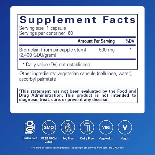 Miniatura 9 de Pure Encapsulations Bromelina 2400  Suplemento de 500 mg para apoyo inmunológico y digestivo, enzimas, articulaciones, recuperación muscular y salud