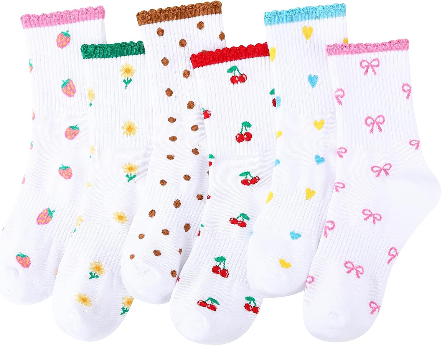 6 Pairs Women Cute Ruffle Crew Socks for Ladies Girls | Colorful Hearts Socks, Frilly Design, Breathable Comfortable Cotton Material, Ribbed, Casual Daily Wear, Size 5-10