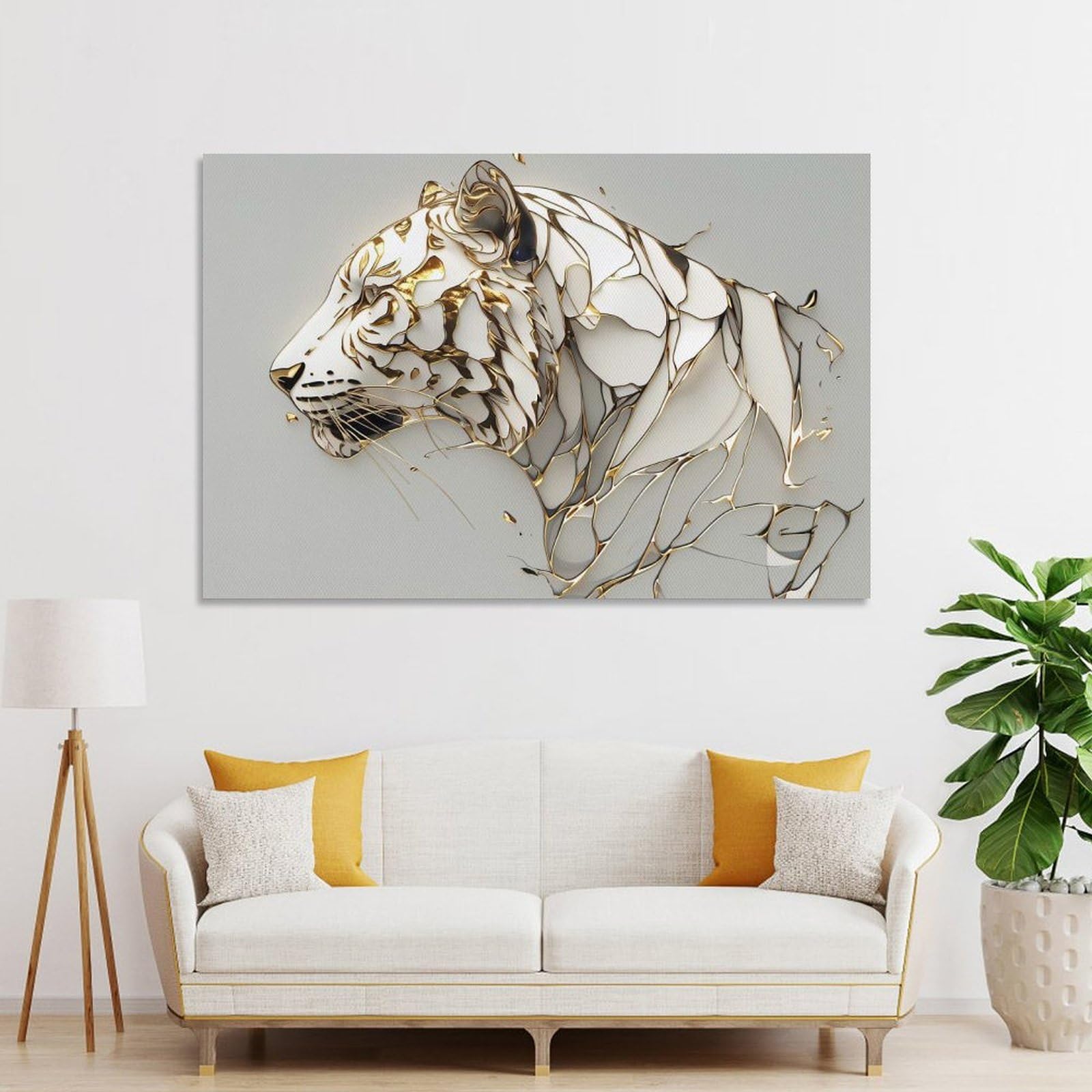 Junmoney Abstract White Tiger with Gold Accents Canvas Wall Art 20x30inch(50x75cm), for Study, Office Or Focused Interiors, Home Office Artwork with Decorative Appeal