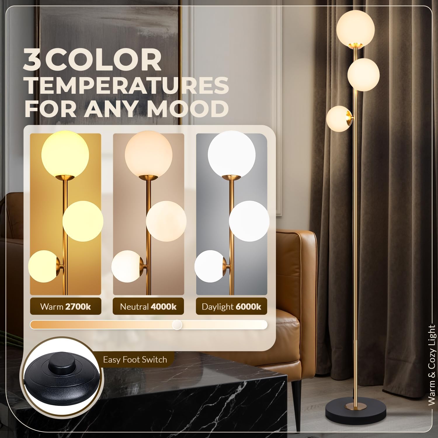 Soilsiu 3 Globe Floor Lamp - Mid Century Modern Standing Light with 3 Color Temperatures, LED Bulbs, Frosted Glass Shades for Living Room (Gold) Gold/Brass