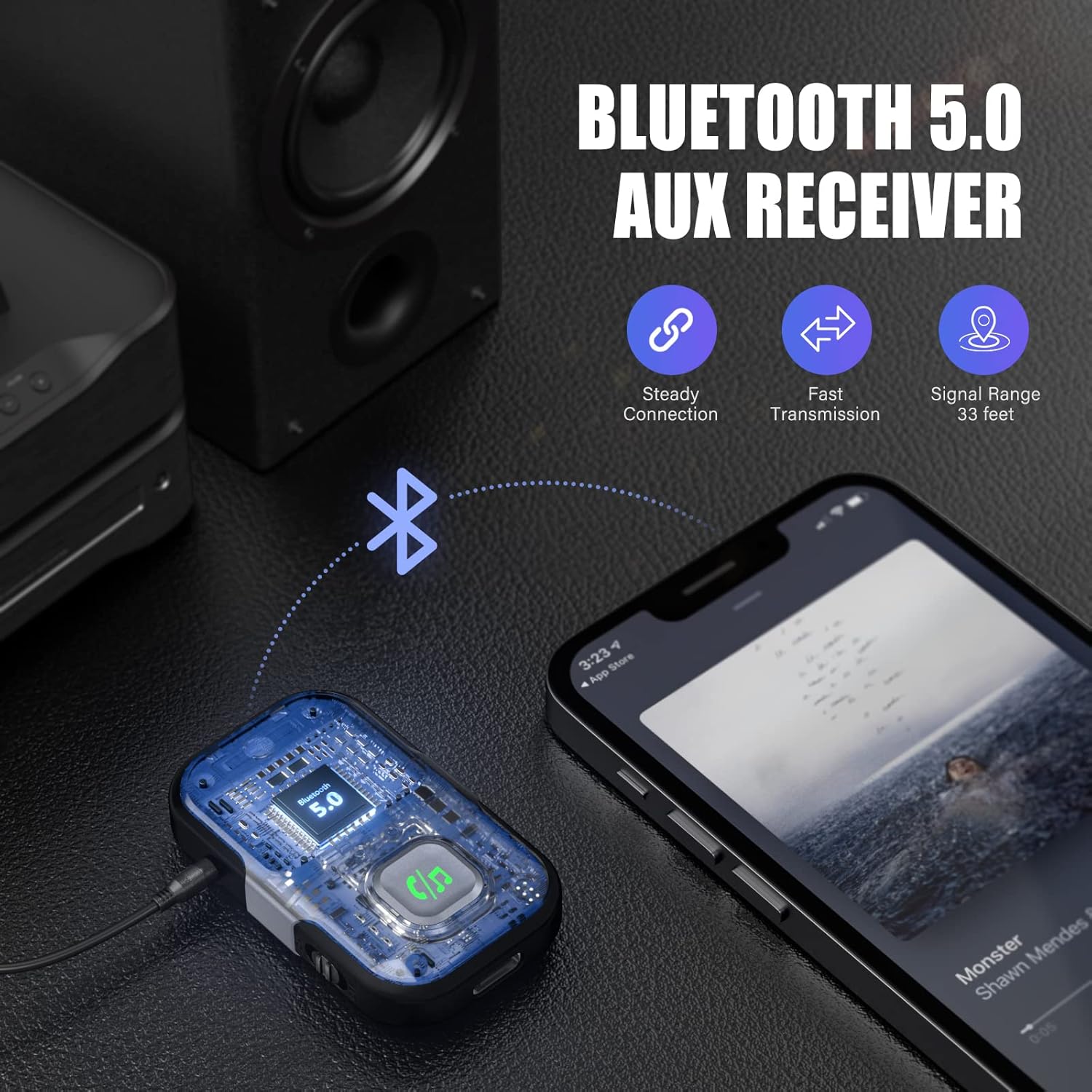 LENCENT Bluetooth 5.0 Receiver with LCD, AUX Bluetooth Adapter for Car with Noise Canceling Microphone, Wireless Car Kit, Hands-Free Calls Music Receiver for Car/Home Stereo/Wired Headphones/Speakers