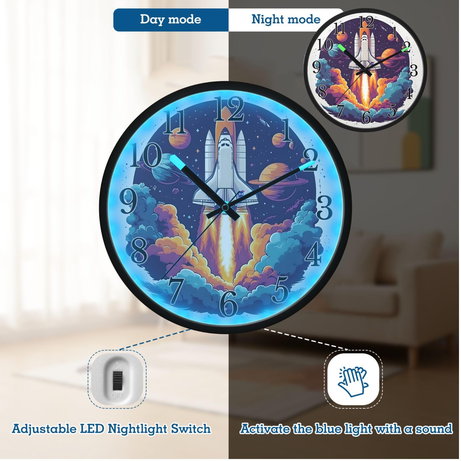 Mnsruu Reloj de pared luminoso, reloj de pared con diseño de cohete de galaxia espacial, brilla en la oscuridad, funciona con pilas, silencioso, sin tictac, luz nocturna para dormitorio