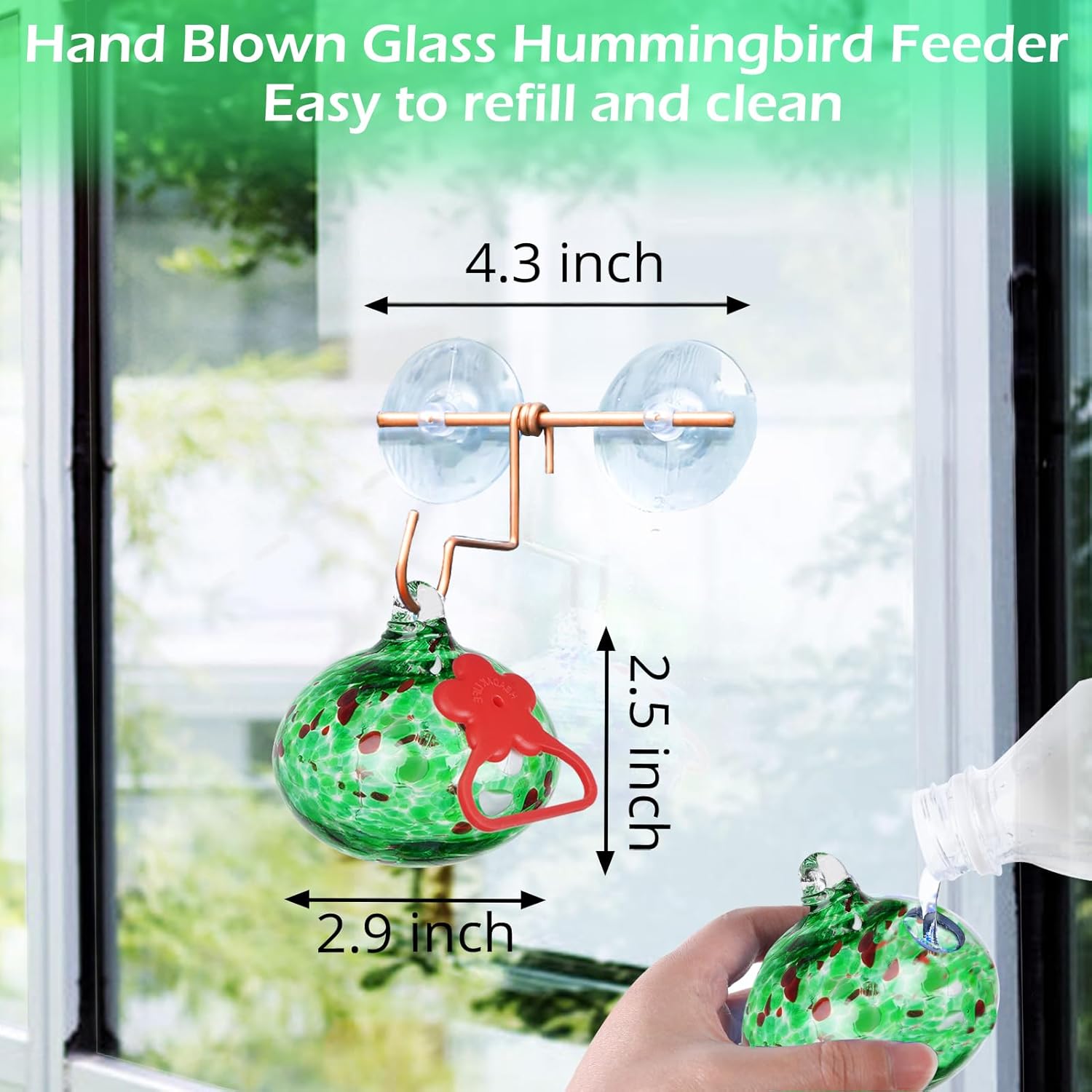 Window Hummingbird Feeder with Suction Cups,Hand-Blown Glass Hummingbird Feeders for Outdoors Window Mounted with Metal Hook,Close Bird Watching,Finch in Garden,Yard(Green) - Image 3