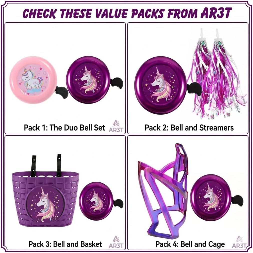 Kids Bike Bell with Streamers, Purple and Green, Unicorn and Dinosaur Theme, Bicycle Accessories