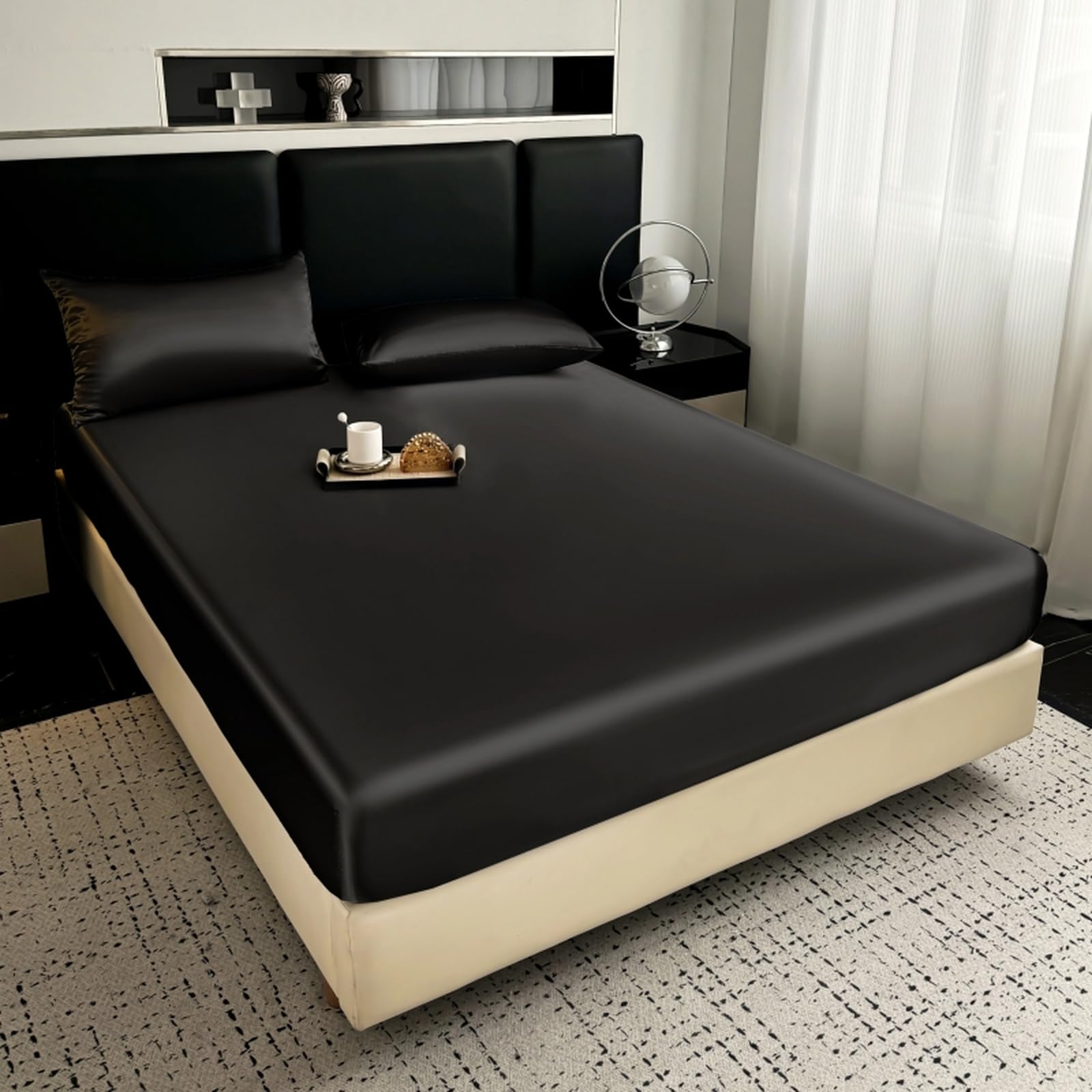 Drap housse 180x200 noir elastique avec de grandes poches