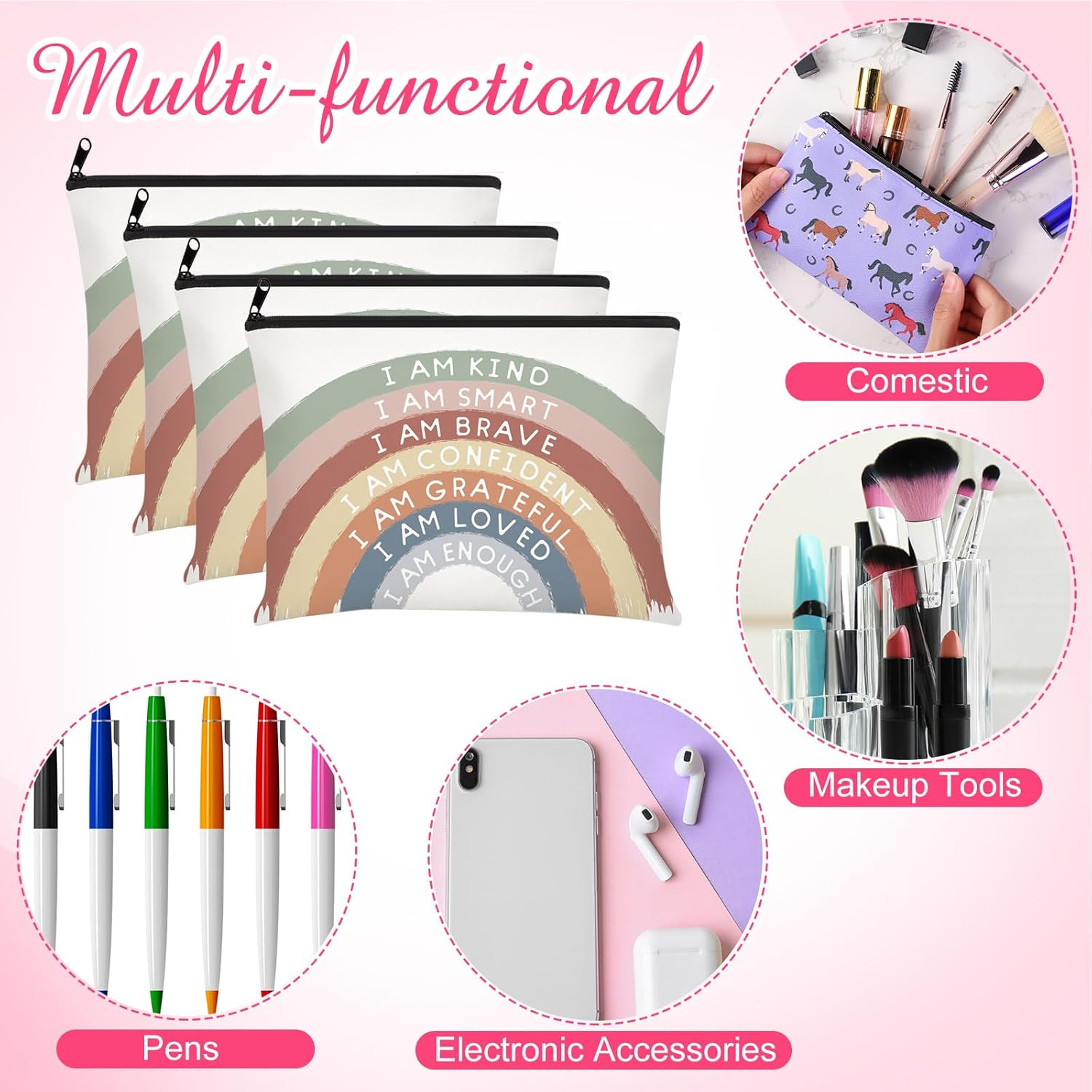 Chunful 10 Pieces Inspirational Canvas Makeup Bags for Women Graduation Gift Rainbow Canvas Cosmetic Bags Bulk with Zipper Friendship Gift Travel Toiletry Pouch(Motivation) - Image 6