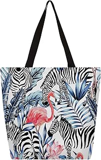 Sacola de lona feminina zebra tropical folha de palmeira sacola grande para homens com bolsos sacolas de compras resistentes reutilizáveis sacolas de compras, bolsa de ombro casual para escola, trabalho, praia, Multicor