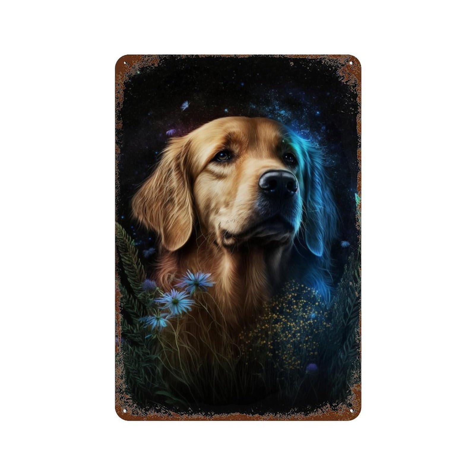 Retro Metal Sign Golden Retriever in Starry Night 11.8"x7.9", Decorative Metal Wall Art for Pub, Kitchen And Man Cave Decor