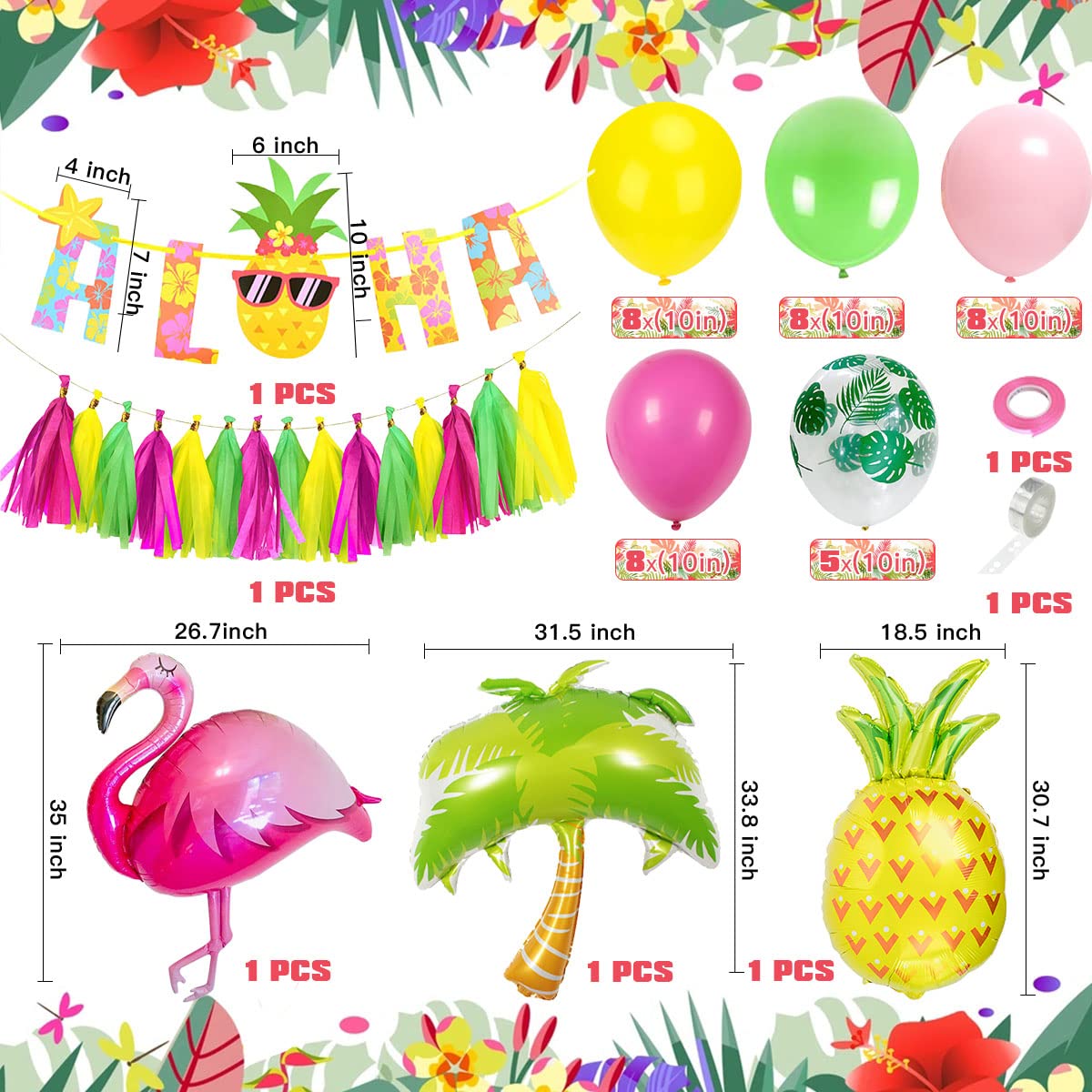Decorazioni Feste Hawaii KAYEF, 4 Pezzi: Bandierine ALOHA Glitterate, Ghirlande Con Fenicottero E Ananas, Tema Tropicale - 4