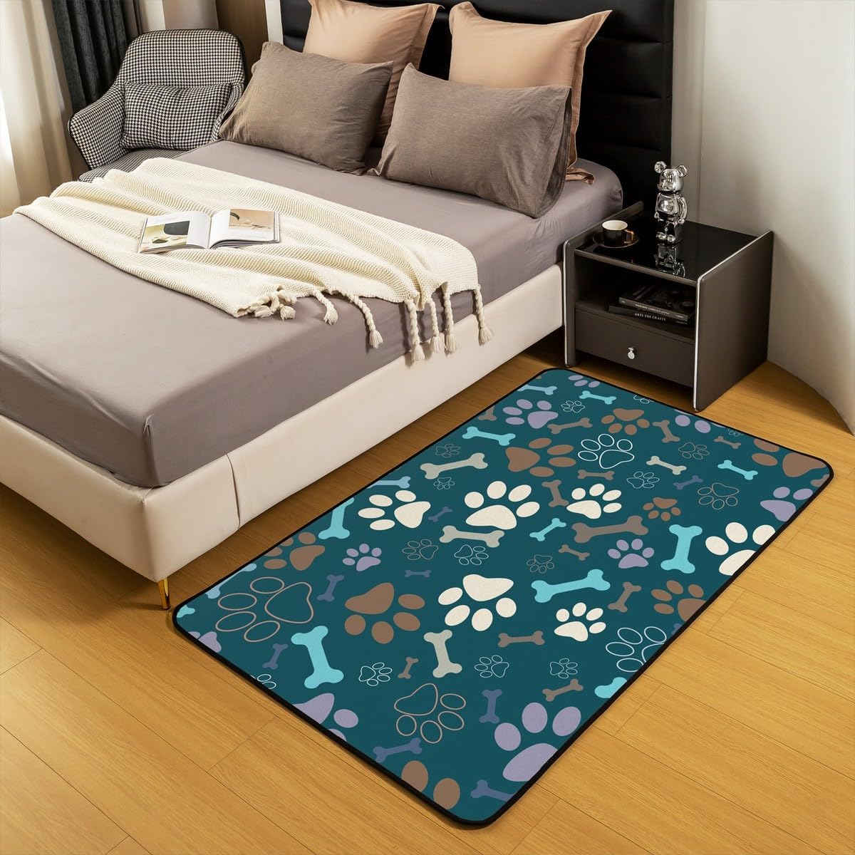 Jejeloiu Dog Paw Print Area Rug, 5x7, White Blue, Modern, Rectangular, Machine Made, Indoor, Low Pile, Water Resistant, Soft and Comfortable Surface, Non-Slip Backing