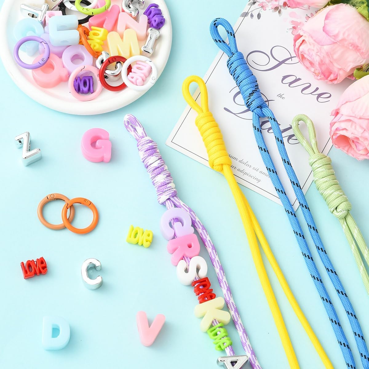 Eirynshelle DIY Jewelry Making Kit, Nylon Cord Pendant Decorations, Acrylic Letter Beads, Love Charms, Colorful Rings, Fashion Accessories for Keychain Women Bag Pendants image 4