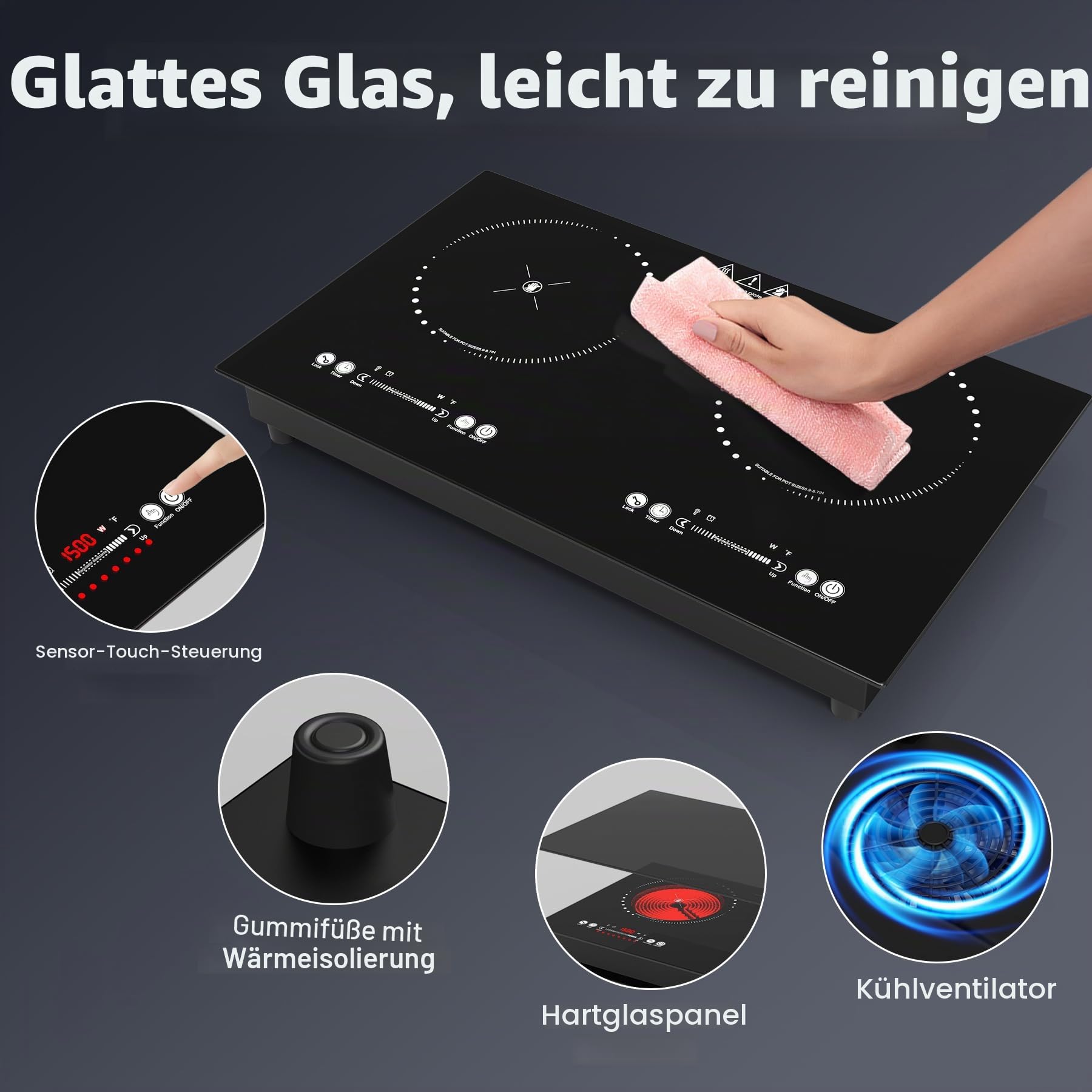 VBGK Keramikkochfeld, 220V, 3600W, Keramikkochfeld mit LED-Touch-Steuerung, 9 Leistungsstufen, Kindersicherung und 4-Stunden-Timer, Überhitzungsschutz kochfelder, Glaskeramikkochfeld 2 Platten