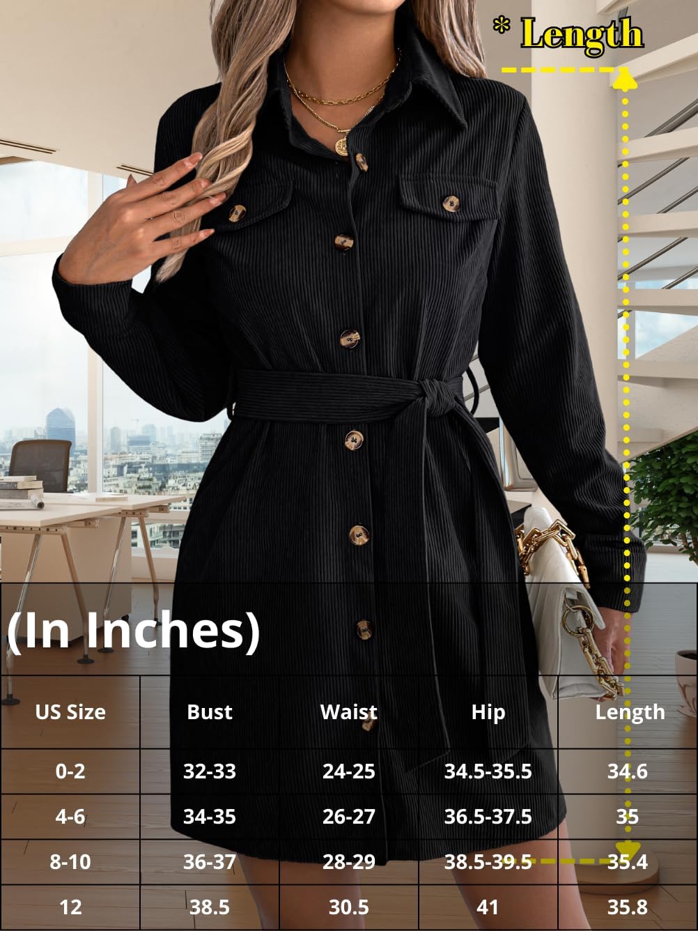 Women's Business Casual Corduroy Shirt Dress, Collared Button Down with Belt Cinched Waist, Winter Short Dresses - Image 7
