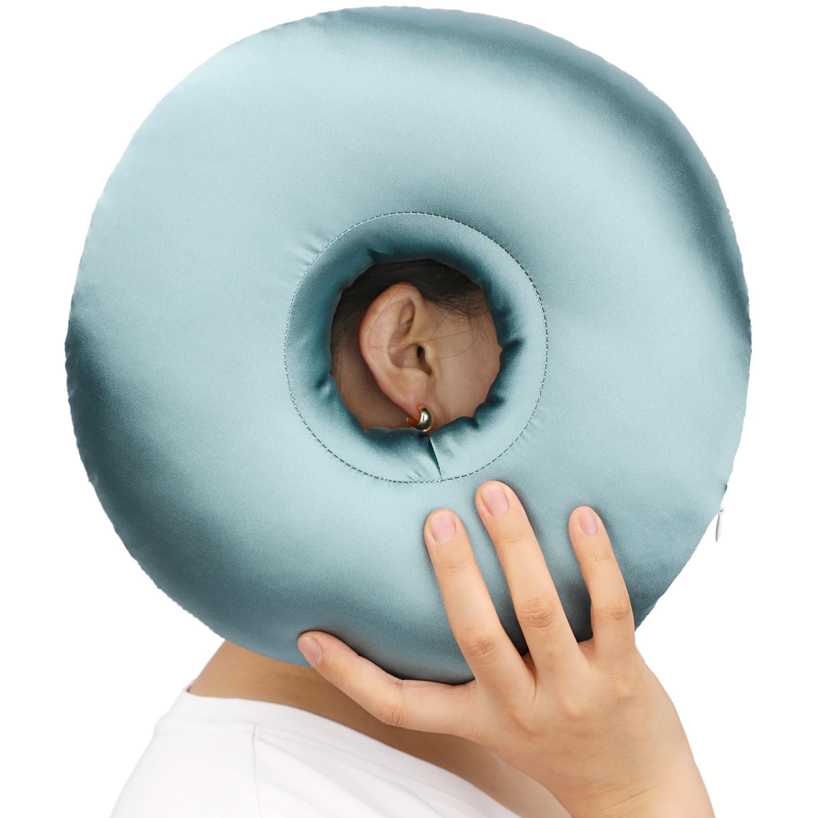 Silky Satin Piercing Pillow Ear Pillows Donut with Hole for Ear Pain CNH Piercing Pain Relief Sleeping Pressure Sore Side Sleepers Smooth Cooling Ear Guard Protector, Turquoise