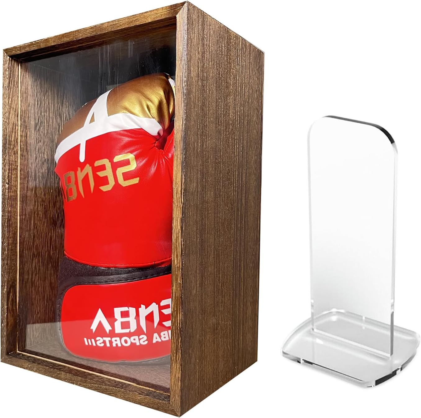 Boxing Glove Display Frame Case with Acrylic Stand, Solid Wood Box for Signed Boxing