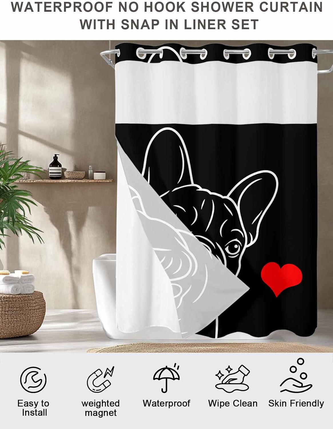 Prime Leader French Bulldog No Hook Shower Curtain with Snap in Liner Love Heart Cute Dog Shower Curtain for Bathroom, Fabric Waterproof Inner Liner with Mesh Top Window, 66x72