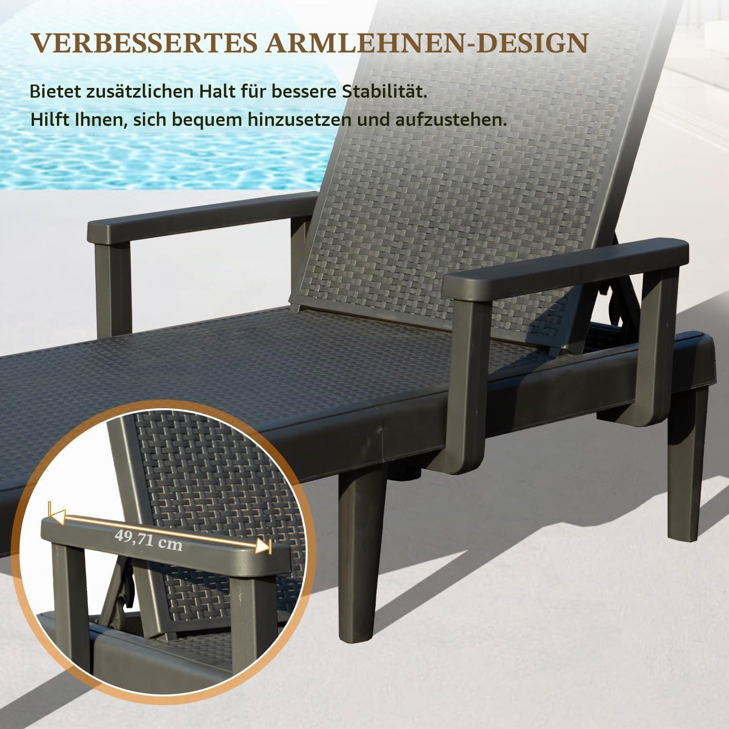 Generisch Domi Sonnenliege, 2er-Set – Gartenliegen mit 6-Fach Verstellbarer Rückenlehne und Armlehnen, wasserfeste Kunstharz-Liegen, geeignet für Pool, Terrasse, Garten und Balkon, Grau