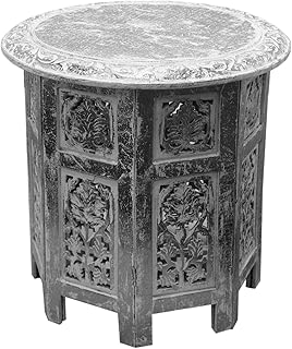 Cotton Craft -Jaipur Solid Wood Handcrafted Carved Folding Accent Coffee Table - Antique Silver and White - 18 Inch Round Top x 18 Inch High -Intricate Detail with Hand Carving - coolthings.us
