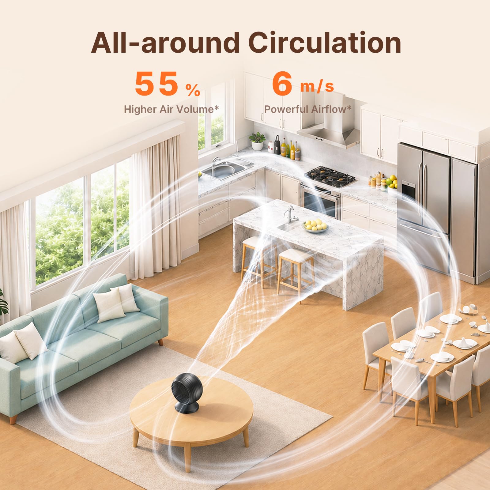 Ventilateur de Table Silencieux 22 dB, Circulateur d’Air 3D Turbo, Oscillation 120°, 7 Vitesses, Batterie 12000 mAh, Écran Tactile LED, Ventilateur de Bureau pour Chambre, Salon et Bureau – Noir