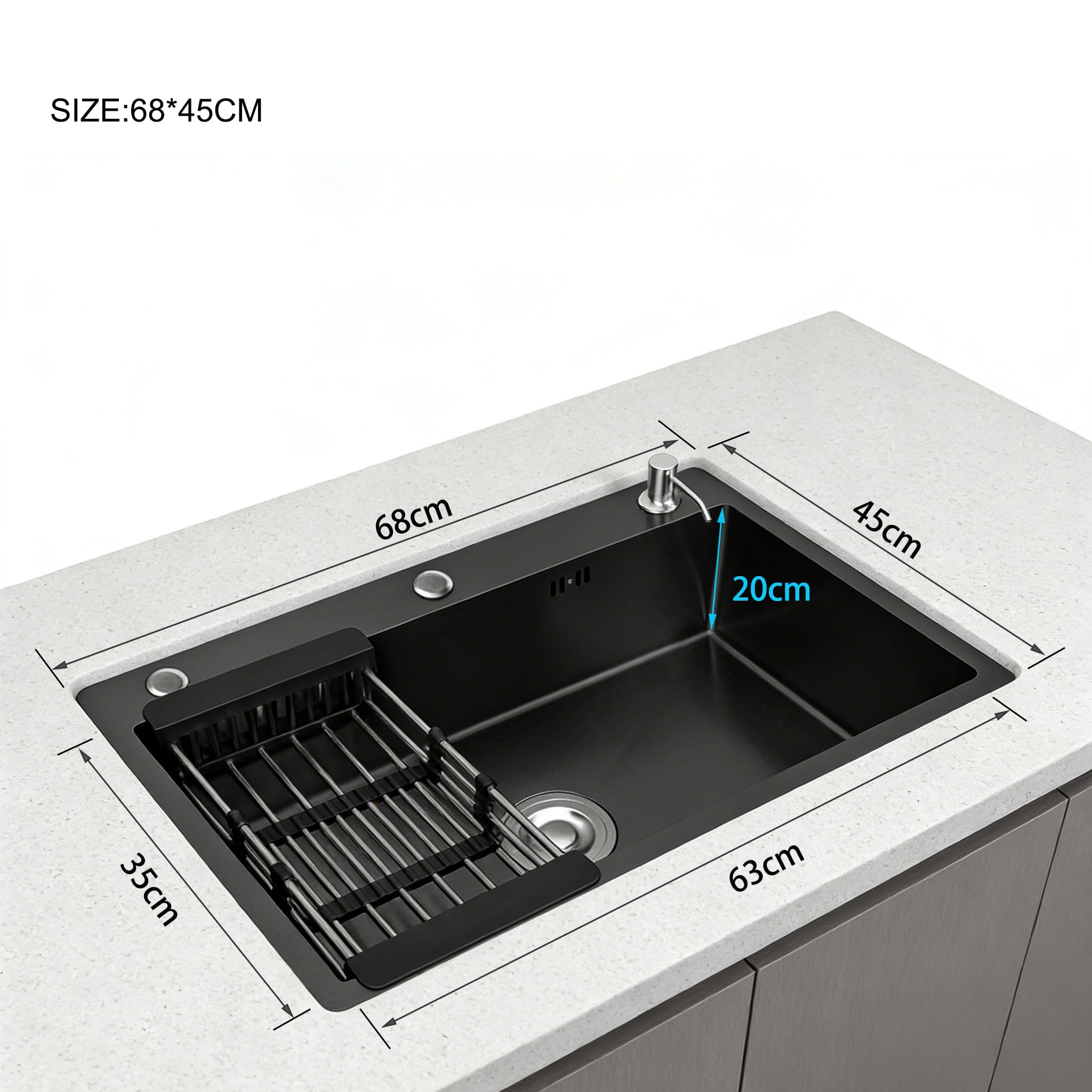 Fregadero de Cocina 1 Seno con Escurridor, Acero Inoxidable Negro, con Dispensador de Jabón para Baño, Viajes en Caravana, 68 * 45 * 20cm