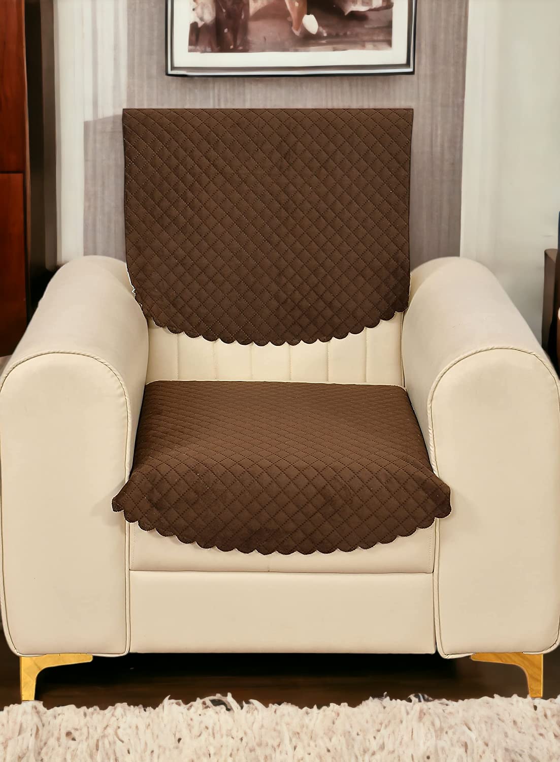 CASA-NEST1 Seater Self Design Quilted Sofa Chair Cover, Set of 2 Pieces. (1 Seater, Dark Brown)