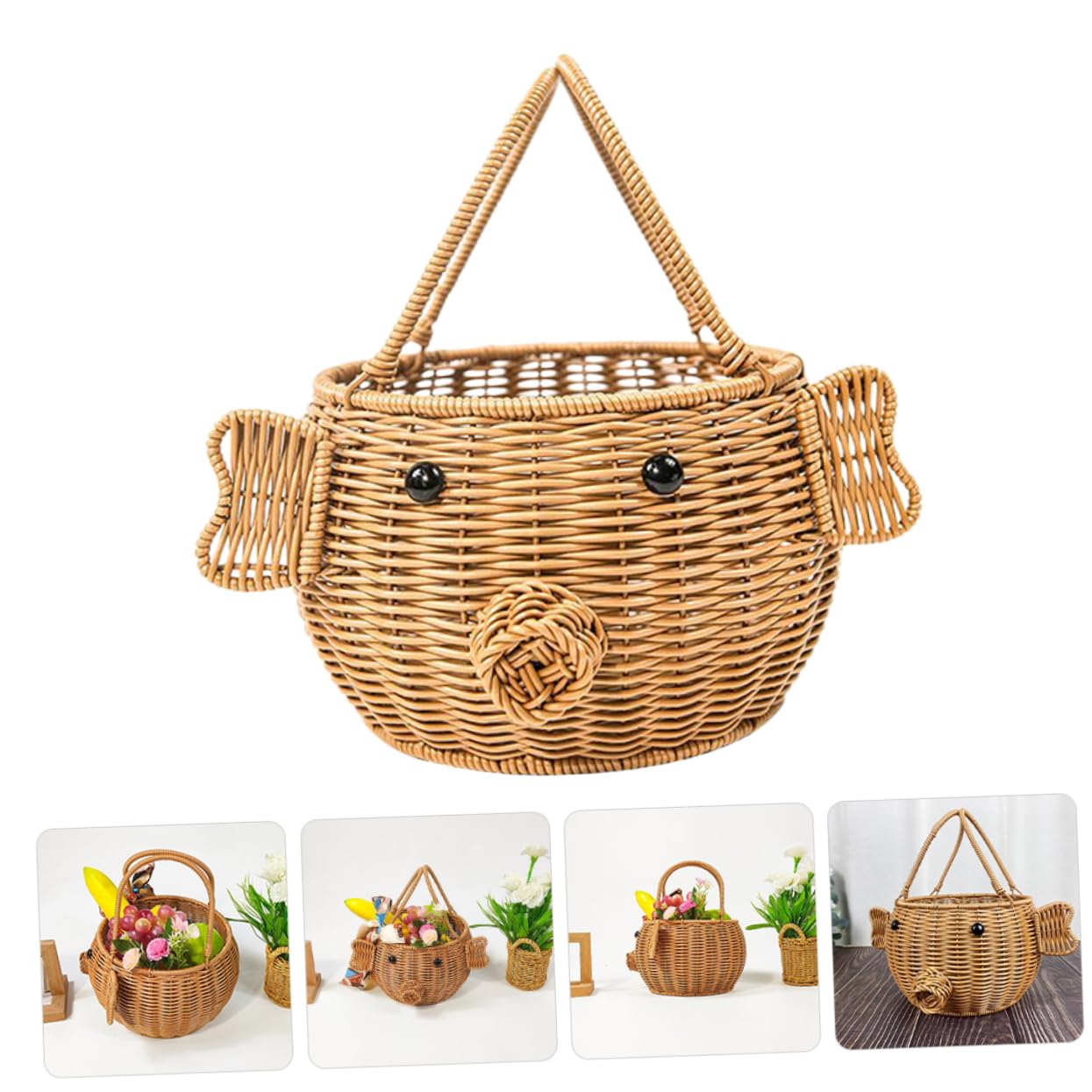 Cabilock 2 Piezas Cesta Tejida de Ratán Sintético para Almacenamiento y Picnic Diseño de Cerdo Cartoon para Frutas Verduras y Accesorios Cesta Multifuncional de Almacenamiento Artesanal