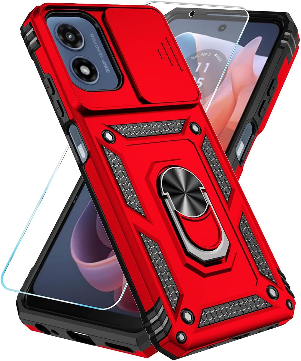 SunStory Funda para Motorola Moto G Play 2024 con protector de pantalla HD y cubierta deslizante para cámara y soporte, Moto G Play 4G 2024 [grado militar] Funda para teléfono Moto G Play 2024 (rojo)