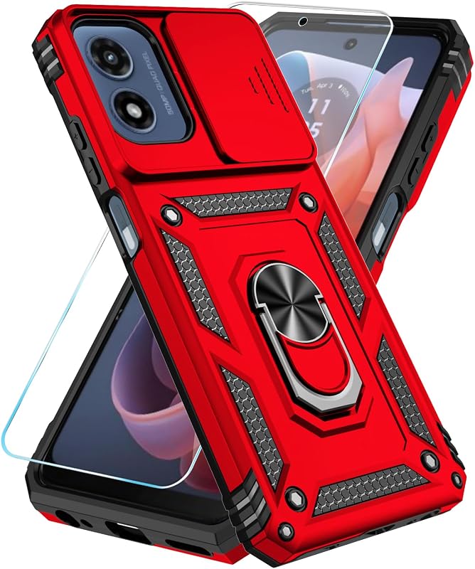 SunStory Phone Case for Motorola Moto G Play 2024 Case with HD Screen Protector & Slide Camera Cover & Kickstand, Moto G Play 4G 2024 [Military-Grade] Phone Case for Moto G Play 2024 (Red)