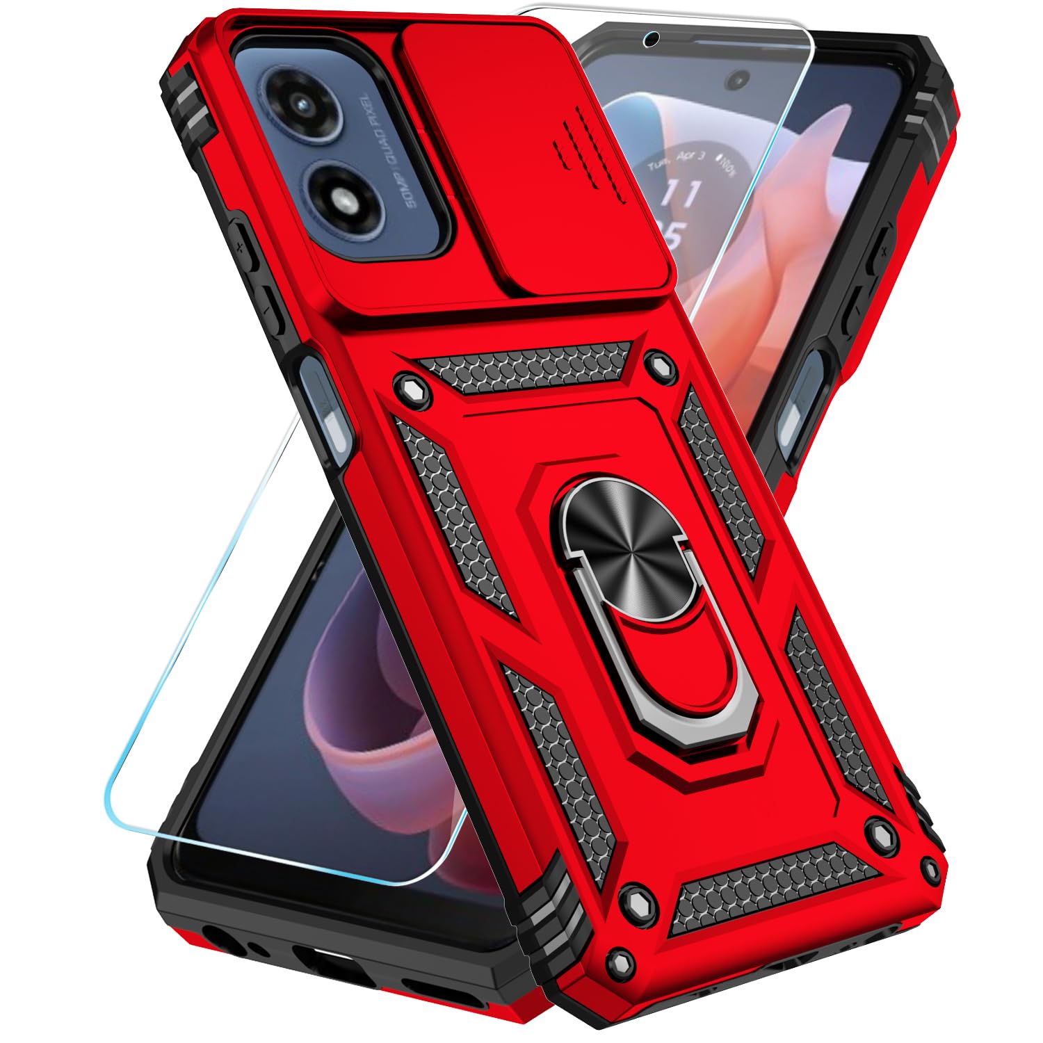 SunStory Phone Case for Motorola Moto G Play 2024 Case with HD Screen Protector & Slide Camera Cover & Kickstand, Moto G Play 4G 2024 [Military-Grade] Phone Case for Moto G Play 2024 (Red)