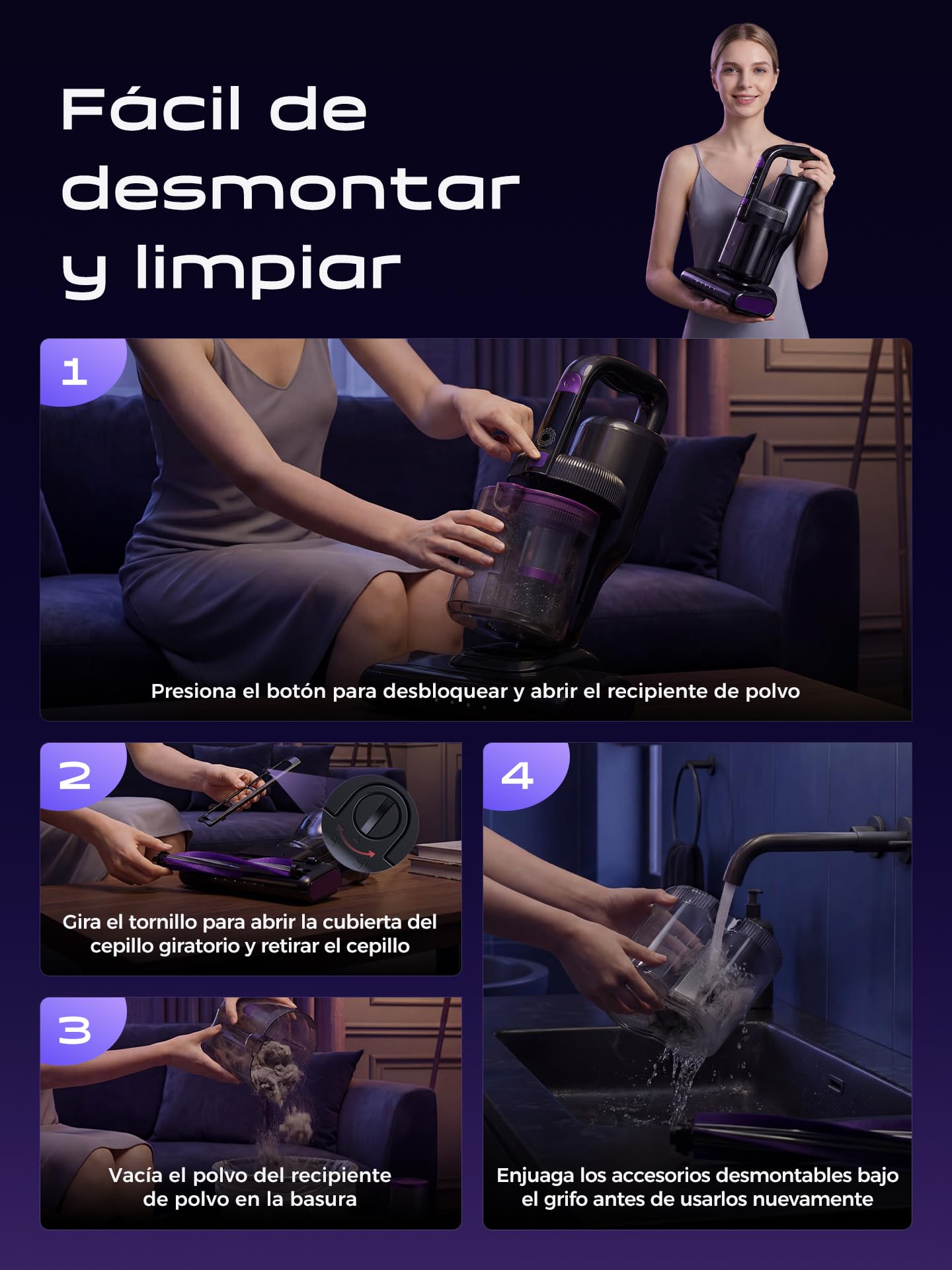 Aspiradora Antiacaros,14000PA Aspiradora de Mano con Luz UV-C,Aire Caliente,Ultrasonidos y Filtro HEPA, Aspirador para Colchón, Sofá, Tapicería y Alfombras, Alérgicos, Mascotas y Bebés–Cable 4 Metros