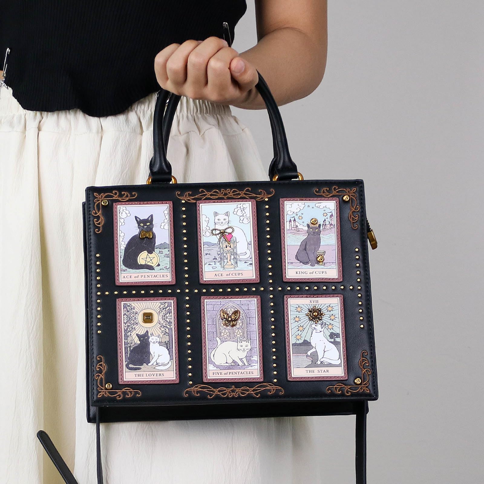Borsa a tracolla in pelle PU con gatti ricamati con tracolla regolabile e tasche multiple per uso quotidiano borsa a tracolla in PU