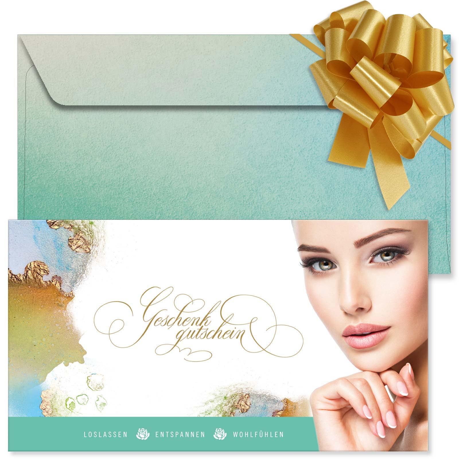 GESCHENKGUTSCHEINcom - 50 Gutscheine mit Umschlag/Schleife für Kosmetikinstitut Kosmetik Wellness - Geschenkgutschein-Vordruck blanko KS1294-2-50