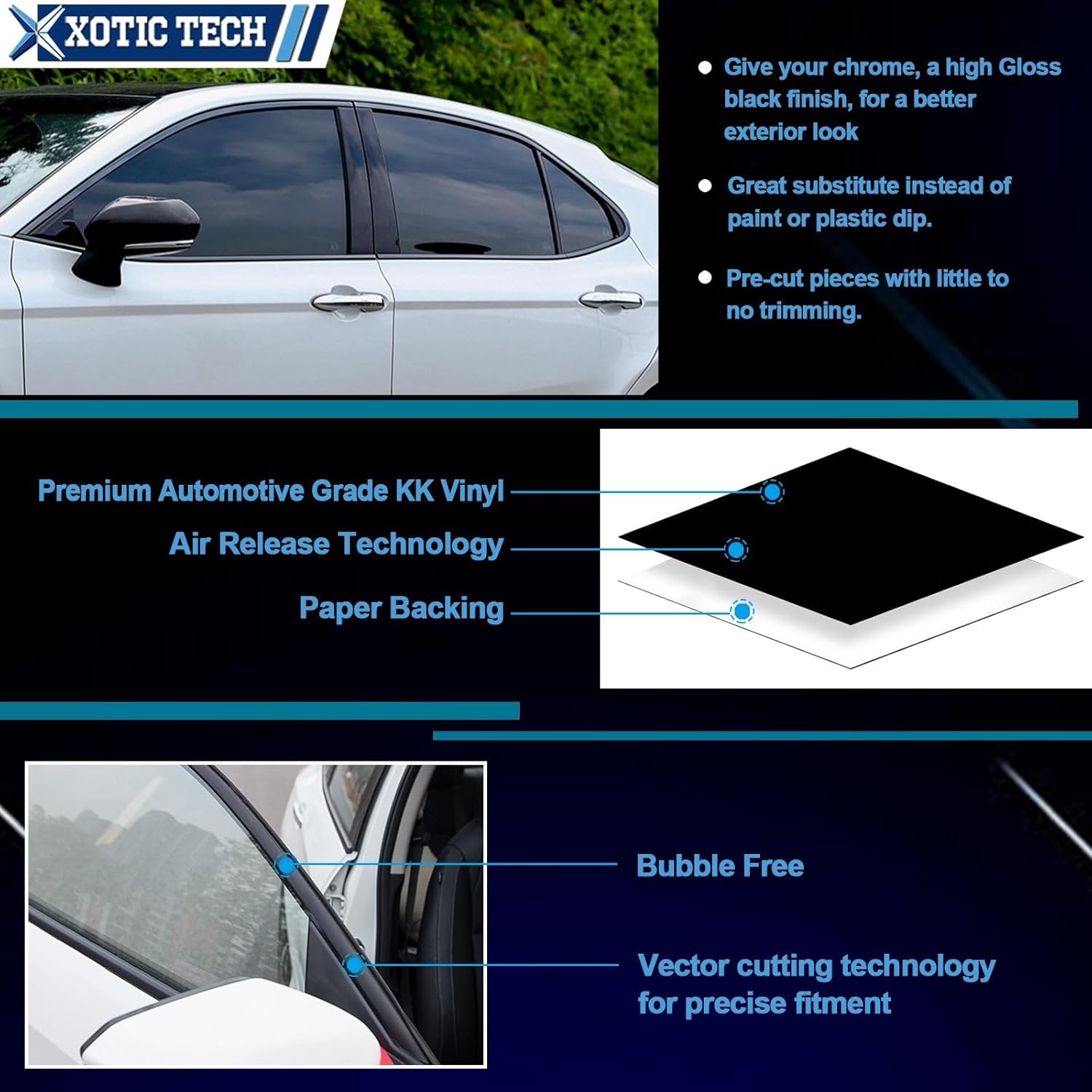 x xotic tech Window Trim Chrome Delete Blackout Overlay Kit Compatible with Toyota Camry 2018 2019 2020 2021 2022 2023 2024 Exterior Decoration Accessories (Matte Black)