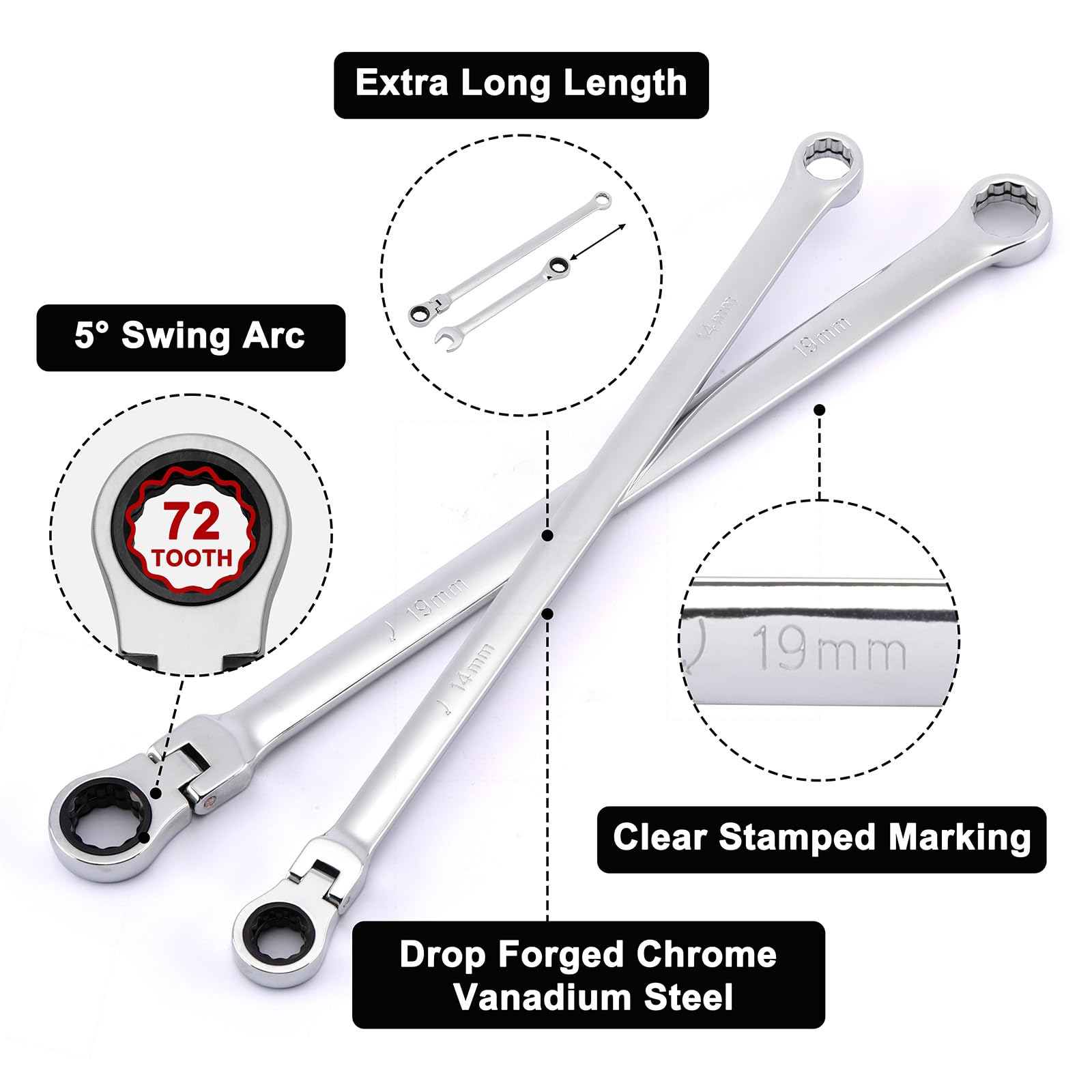 Mayouko Set di 27 chiavi a cricchetto con testa flessibile extra lunga, chiave da 14 e 19 mm, set di chiavi a cricchetto con testa di ricambio tipo E da 8-22 mm, 72 denti, acciaio CR-V