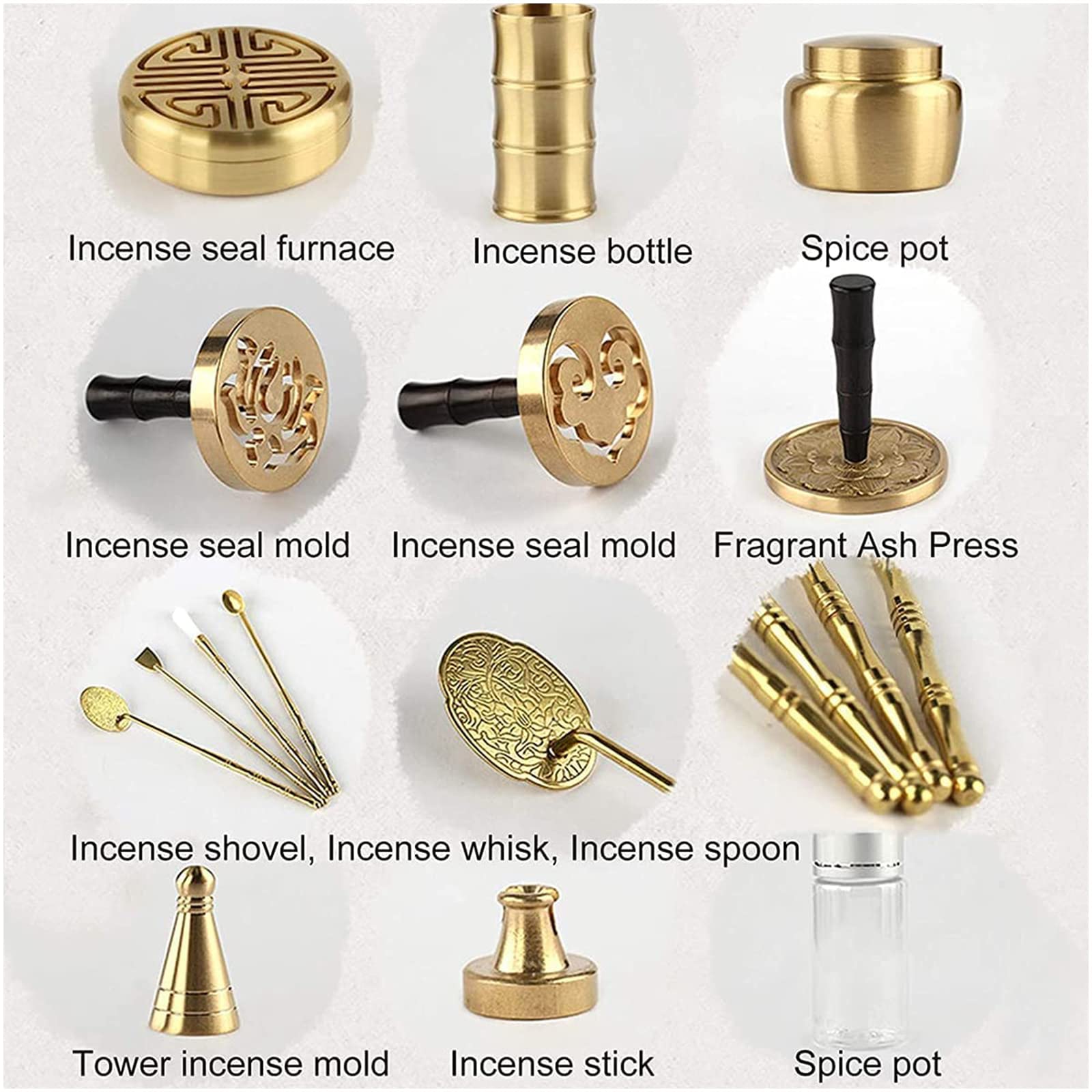 Juego de 20 Herramientas de latón para Incienso - Kit Completo para Hacer a Mano - Molde cónico para Quemador de Incienso con Cuchara, Prensa, Pala y Cepillo para Yoga, meditación