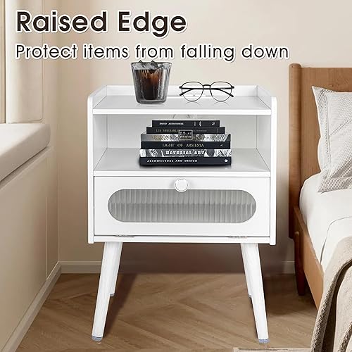 Miniatura 3 de Mesita de noche moderna de mediados de siglo con estación de carga, mesitas de noche con puerta decorativa de cristal, mesa auxiliar con 2 niveles