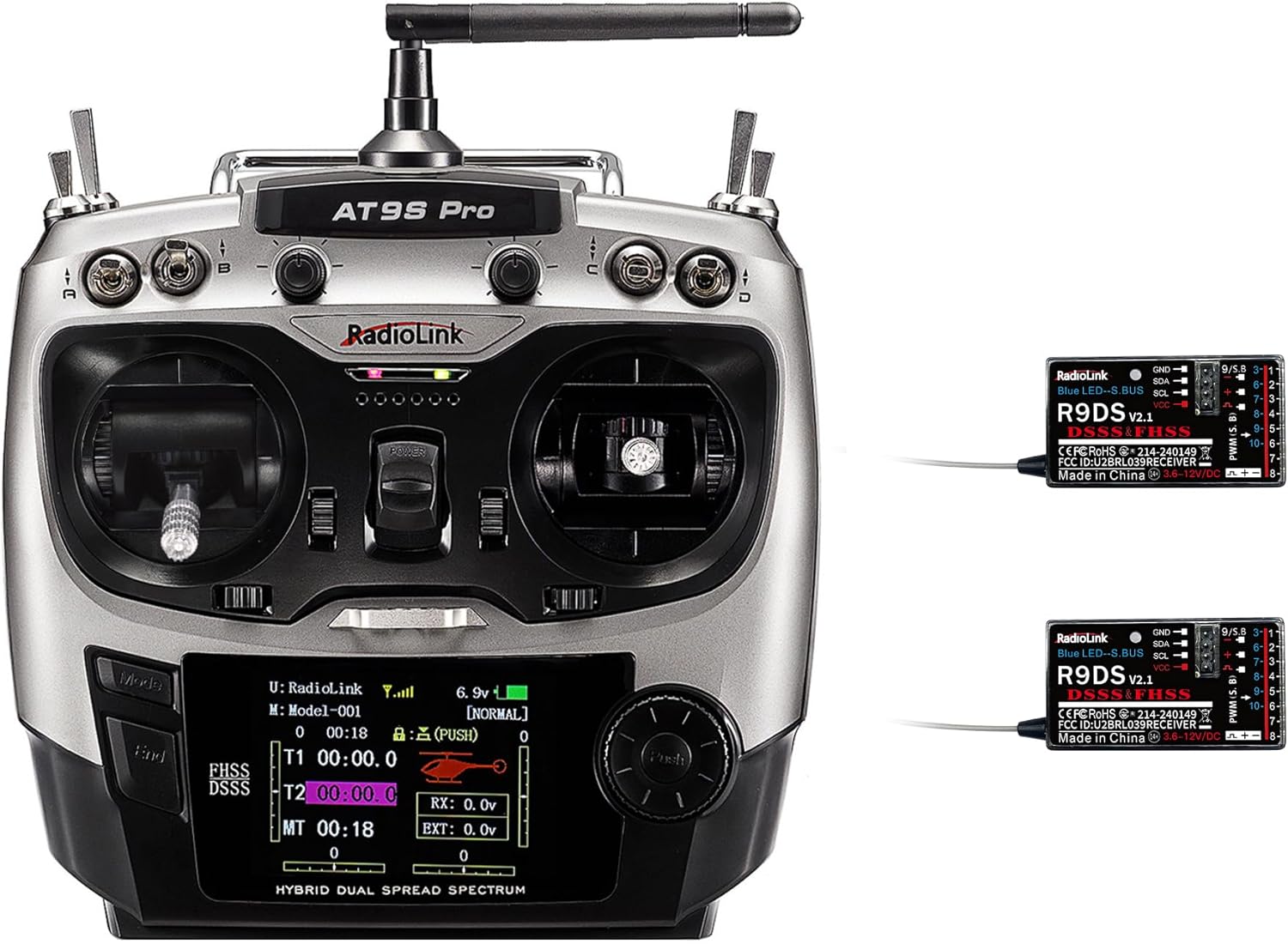Radiolink AT9S Pro 10/12 Channels 2.4G RC Radio Transmitter and Receiver R9DS Long Range for FPV Racing Drone/Quad/Fixed Wing and More (Mode 2 Left Hand)