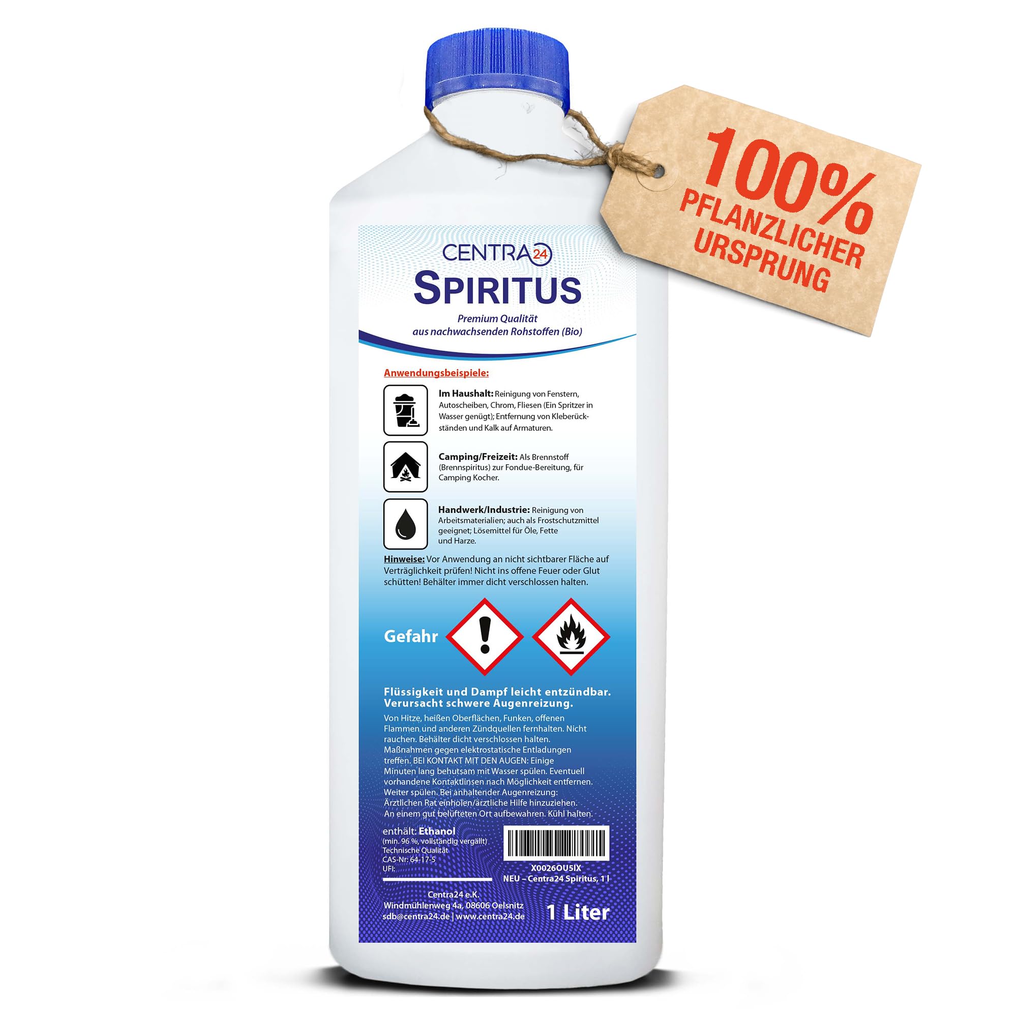 Centra24 Spiritus 1L, Premium Brennspiritus, Bioethanol, für Garten, Haushalt, Industrie, Spirit, Reinigungs- und Lösungsmittel, aus nachwachsenden Rohstoffen