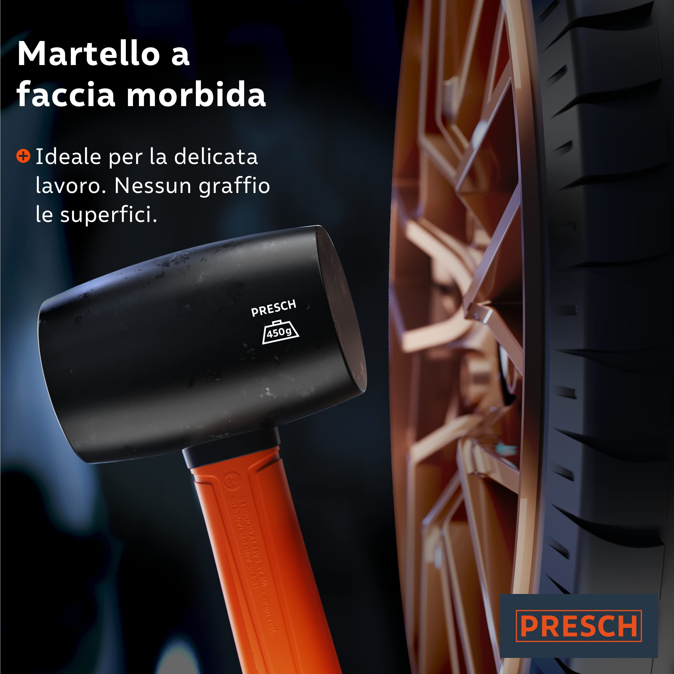 Presch Martello di gomma 450 g Mazza con manico in fibra di vetro ⌀ 55 mm Testa in materiale naturale per esterni