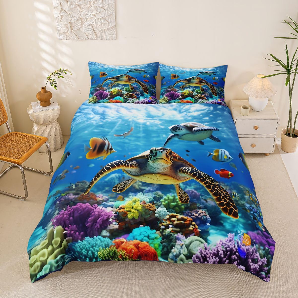 Housse de Couette Tortue de Mer 220x240 cm Parure Océan Bleu